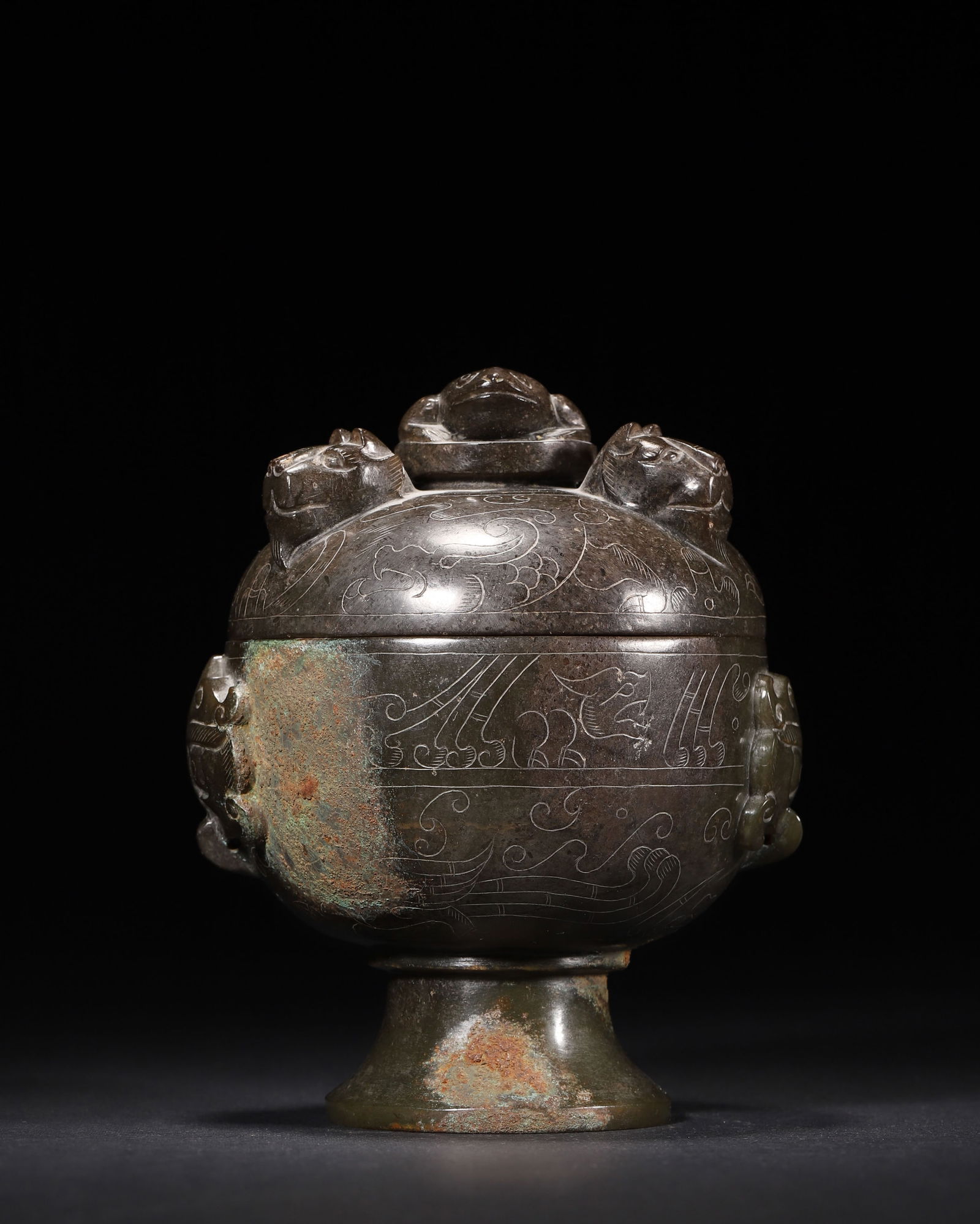 Han dynasty, a rare green jade stem cup with cover and incised beast motifs (1 of 8)