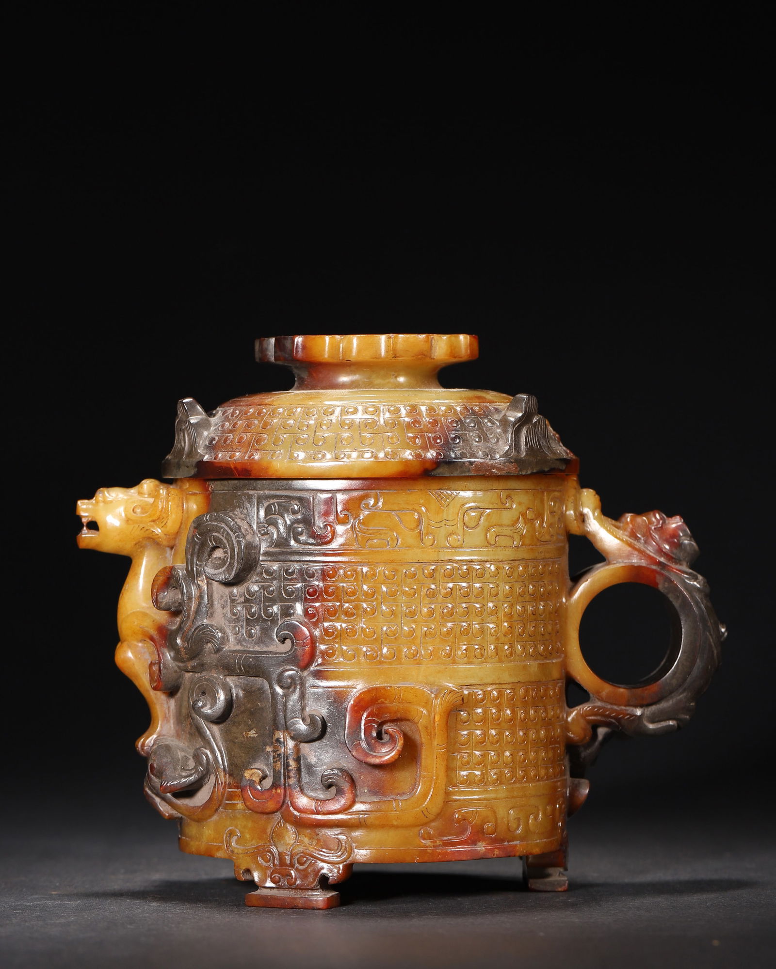 Han dynasty archaic jade covered cup with patinated mythical beast patterns (1 of 8)