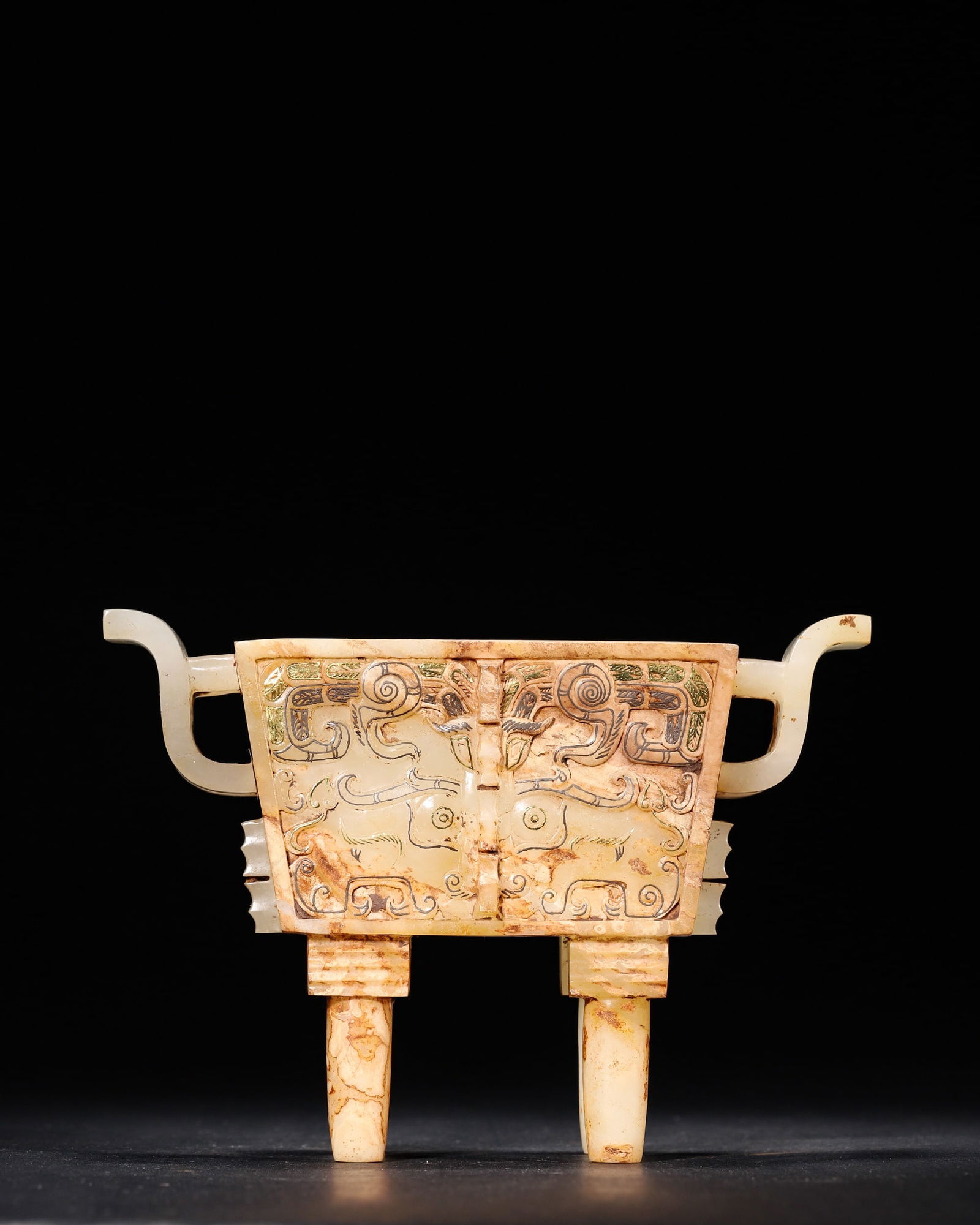 Han dynasty patinated white jade square ding with gilt-silver beast mask patterns (1 of 7)