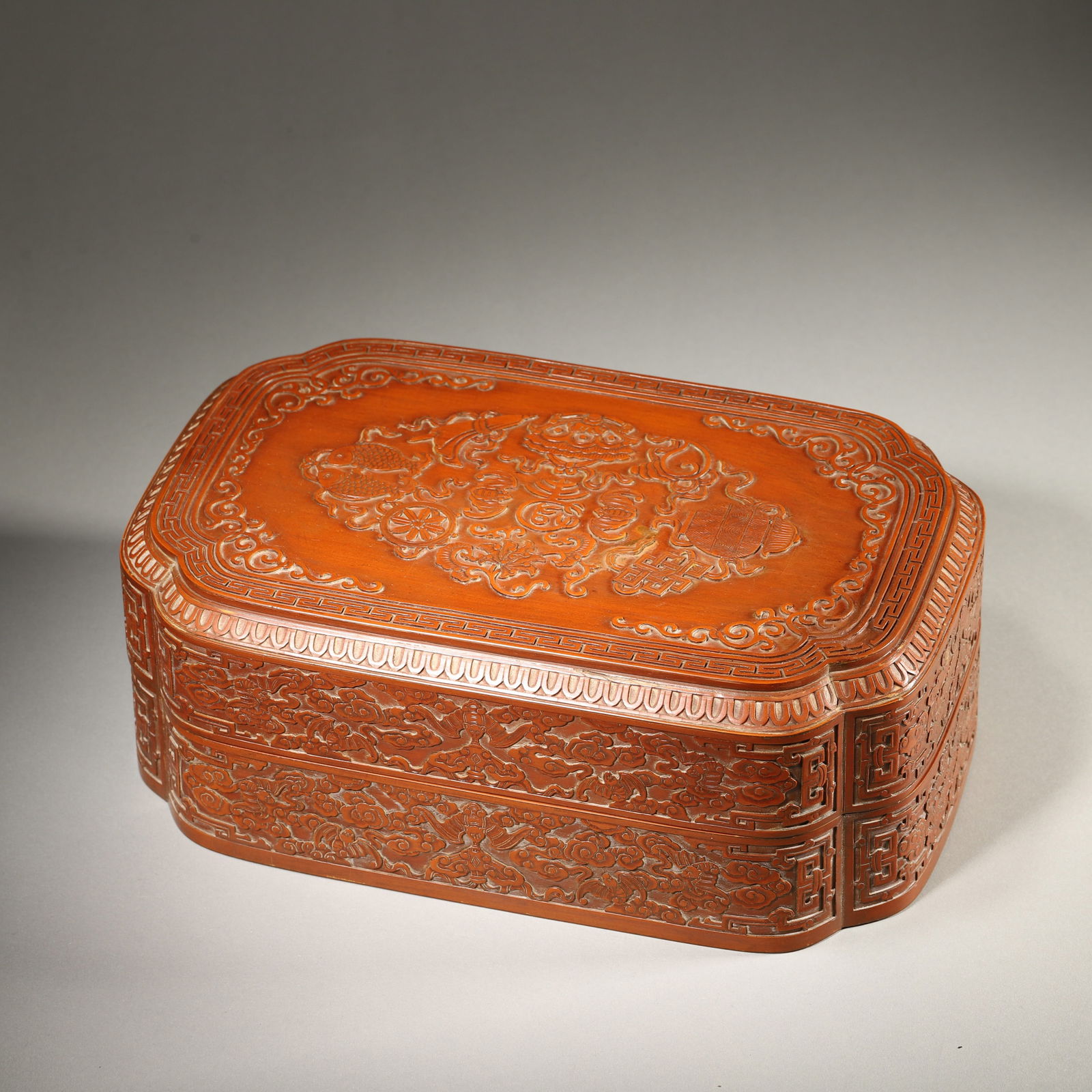 Qing Dynasty Qianlong Period, Bamboo Huang Carved Rectangular Covered Box with Eight Treasures, (1 of 6)