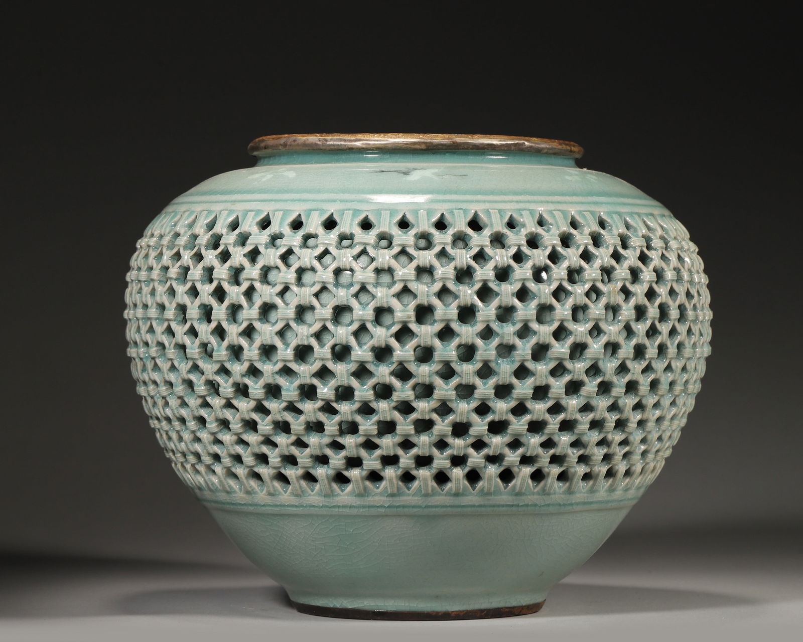 Southern Song Dynasty, Korean Celadon Reticulated Jar with Gilded Rim (1 of 7)