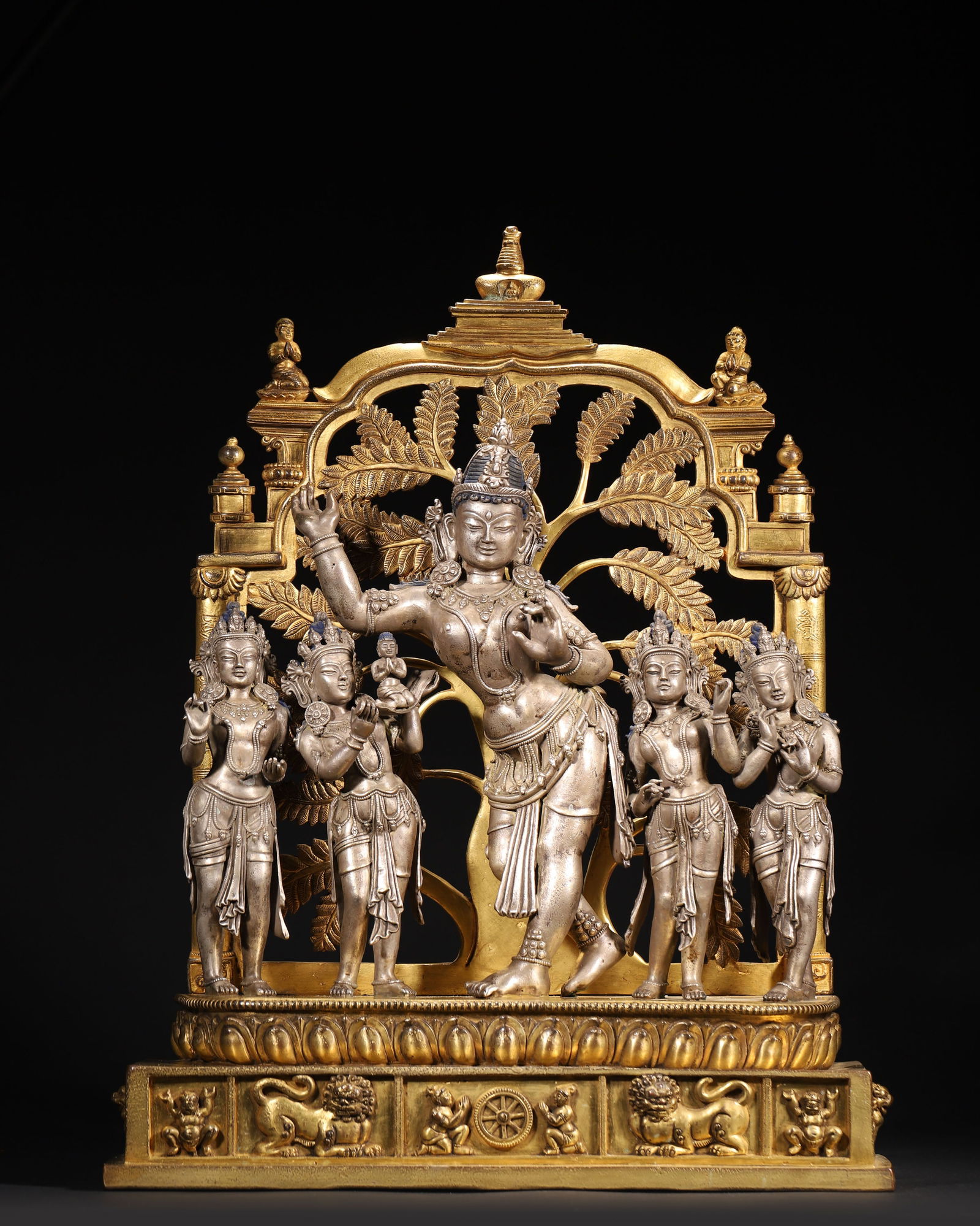 12Th-13th century, nepal malla dynasty, silvered copper dancing avalokiteshvara with attendants (1 of 14)