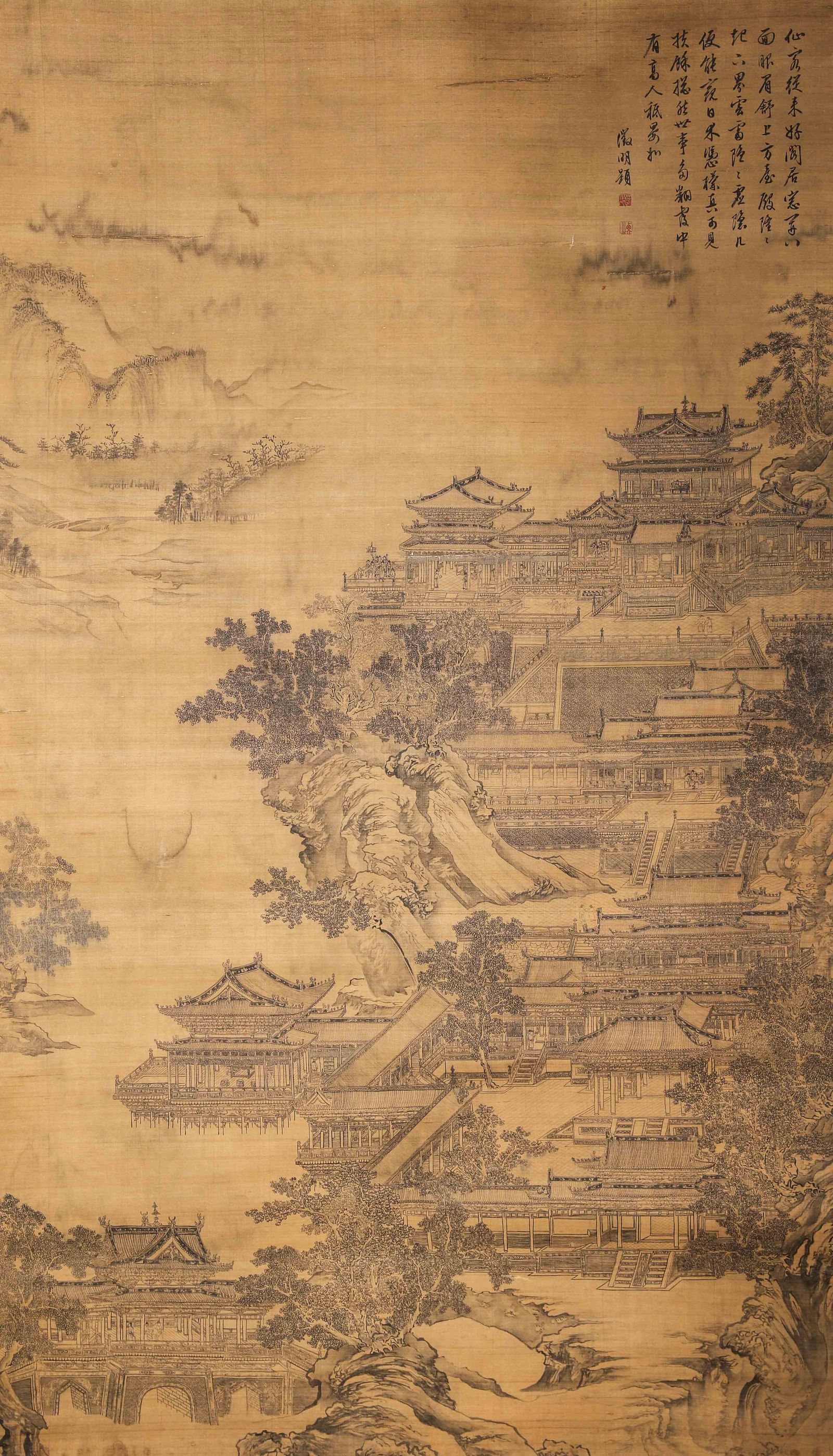 Ming dynasty · wen zhengming "immortal palace pavilions" ink on silk hanging scroll: A masterpiece of jiehua (architectural painting) by wen zhengming, a core figure of the wu school, this work depicts immortal palaces with delicate brushwork and rigorous composition. It integrates