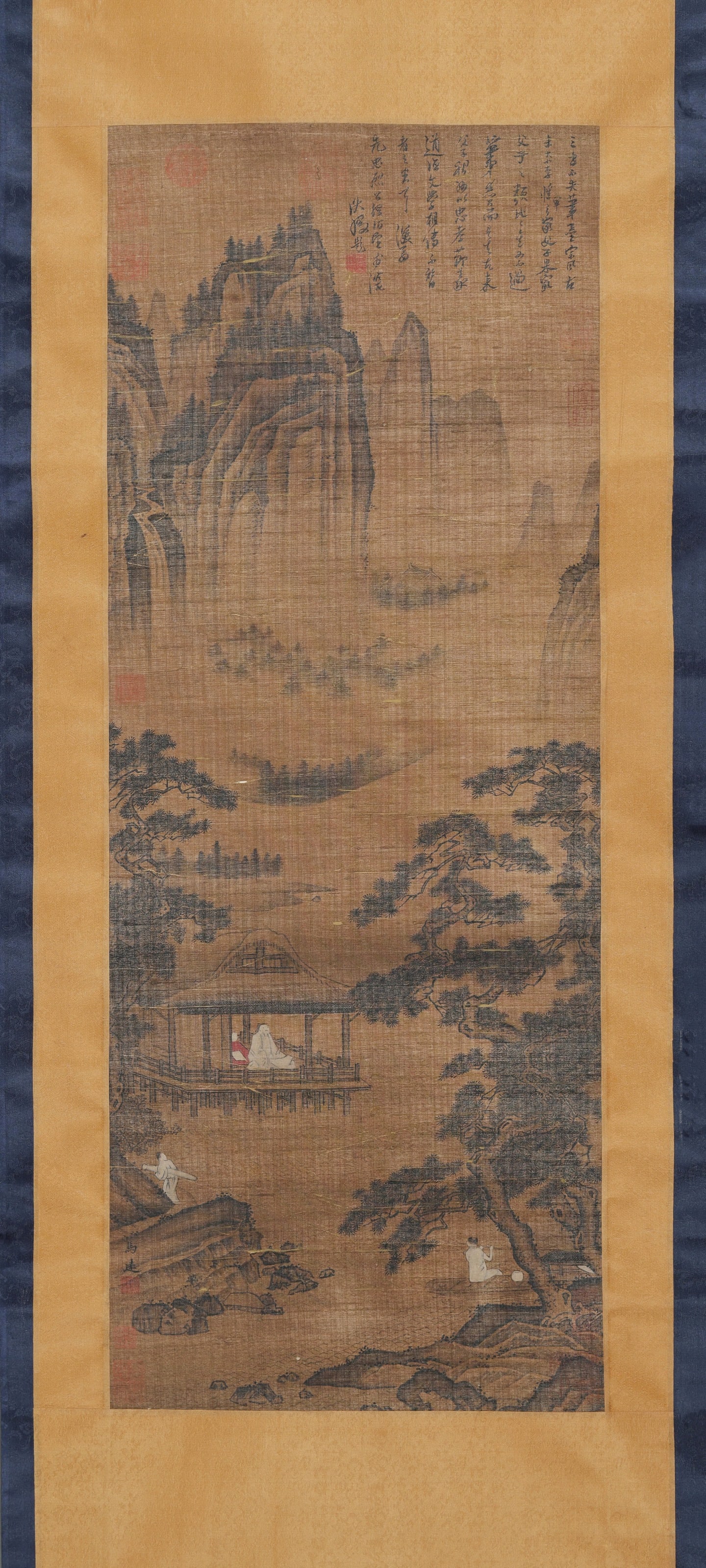 Southern song dynasty, ma yuan, hermit in autumn mountains, hanging scroll on silk: Painted by ma yuan of the southern song dynasty, this work features his iconic "axe-cut texture" and "corner composition", representing the pinnacle of southern song academic landscape painting with e