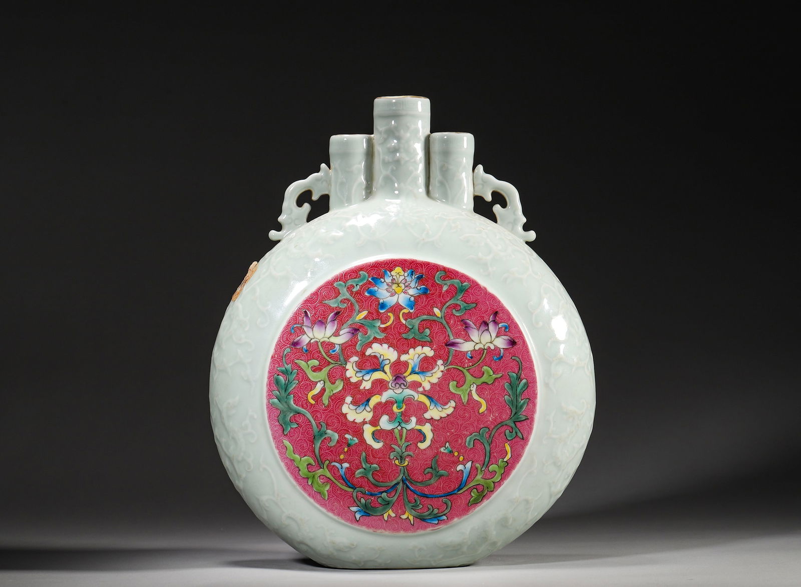 A rare imperial famille-rose and ruby-ground ‘three-necked’ moonflask, yongzheng mark and (1 of 7)