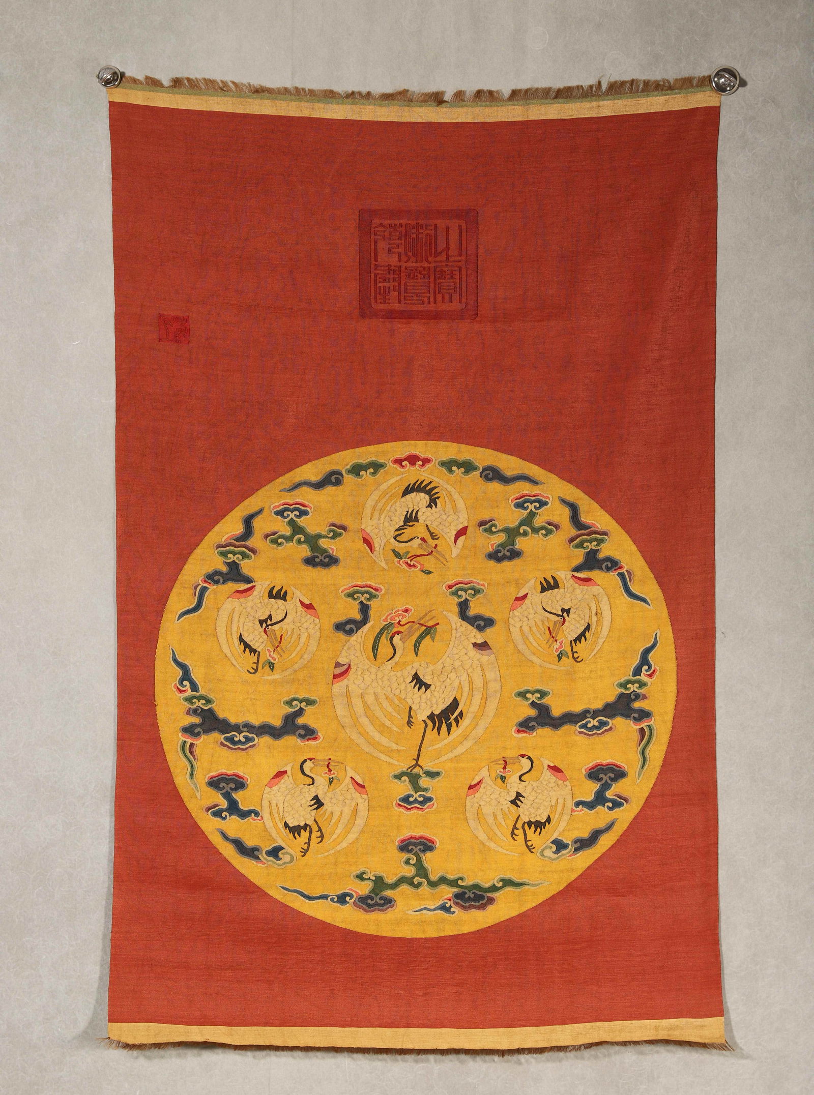 Qing dynasty, qianlong period, kesi hanging scroll with six cranes in spring on vermilion ground (1 of 6)