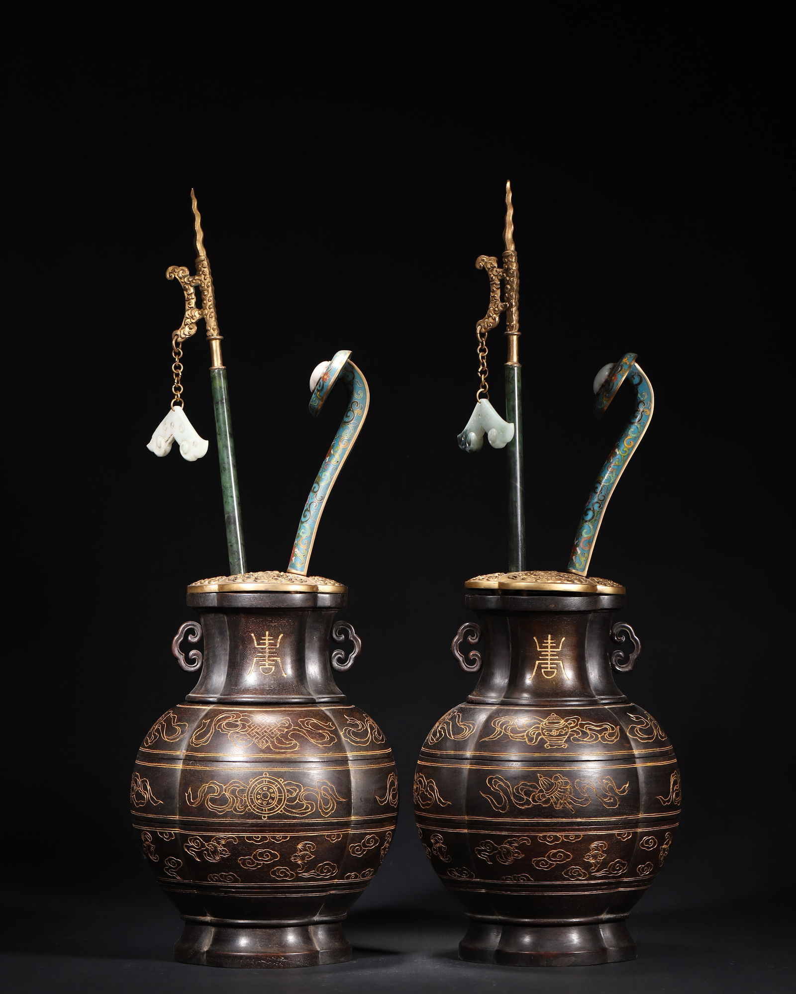 A pair of zitanwood gilded incense sets, qianlong period, qing dynasty (1 of 13)