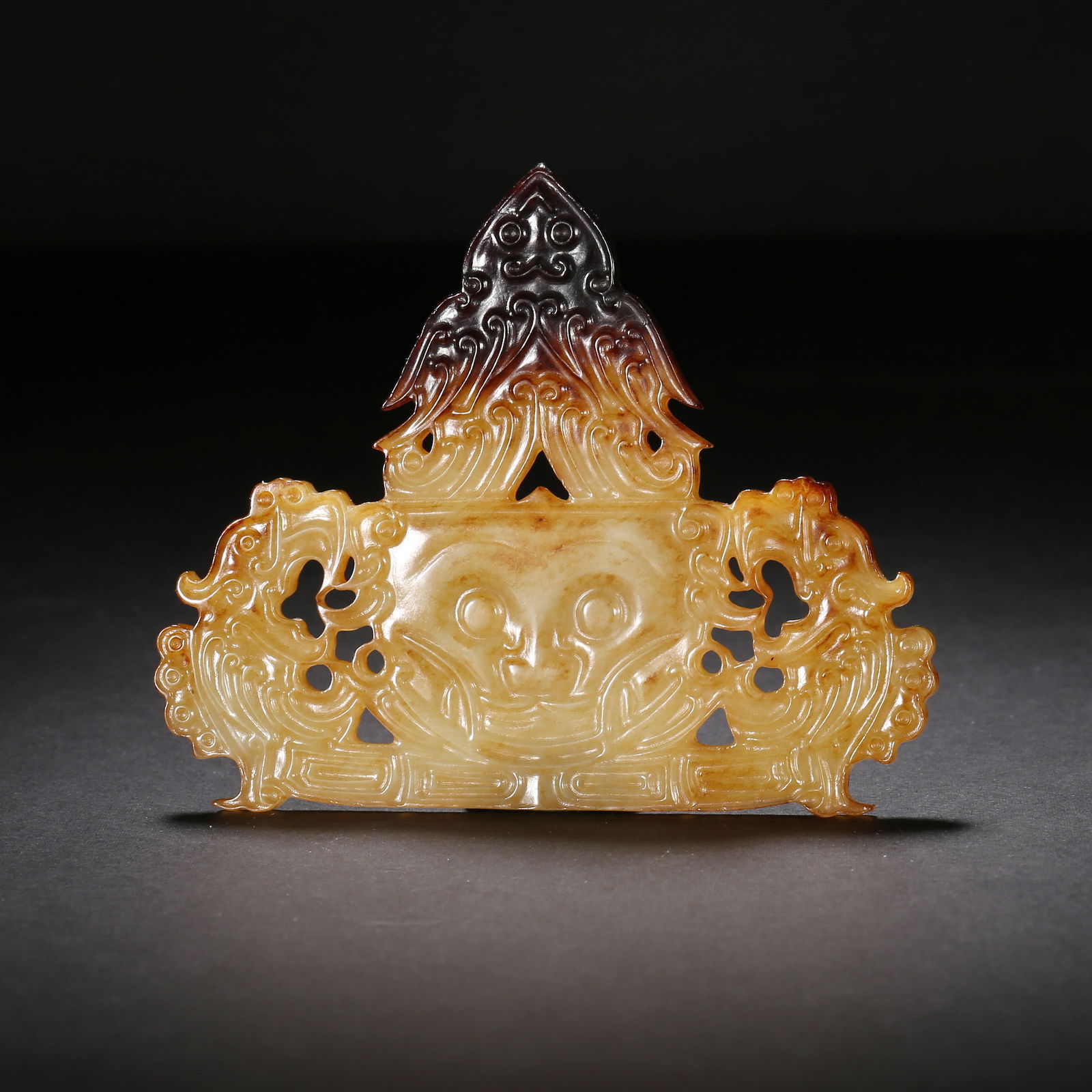Warring states period, yellow hetian jade pendant with openwork beast-face, dragon and phoenix (1 of 2)