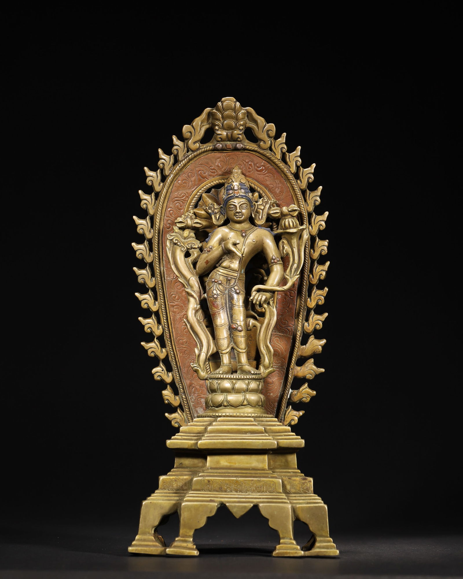 12Th-13th century, nepal malla dynasty style, copper inlaid multi-gem standing avalokiteshvara (1 of 9)