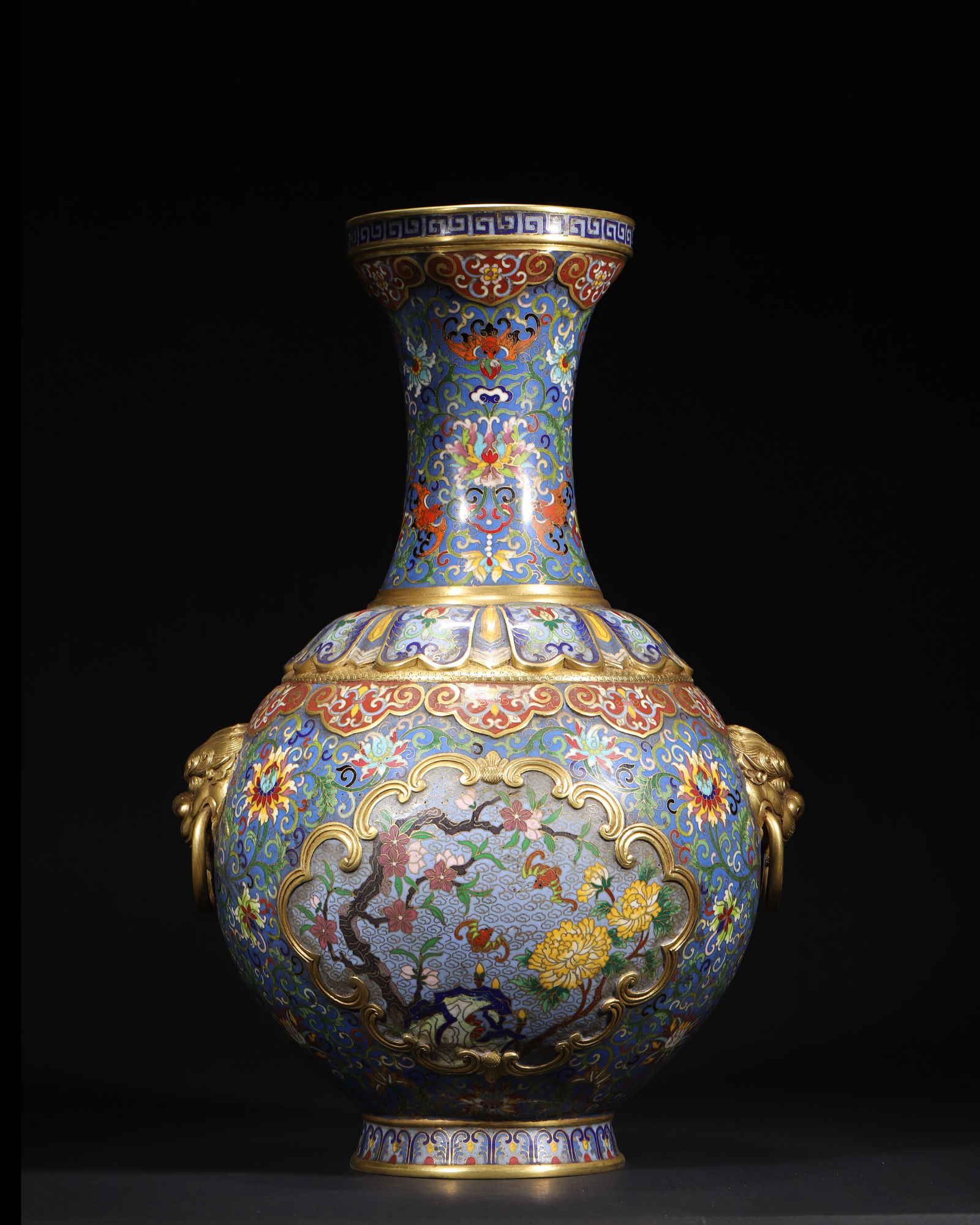 Qing qianlong period cloisonné enamel vase with fortune motifs & beast handles: Qing qianlong imperial cloisonné vase, gilt-bronze body, beast handles & fortune-themed panels, vibrant enamel, marked "qianlong nian zhi". A masterpiece of qianlong cloisonné art.Diameter (dia): 30