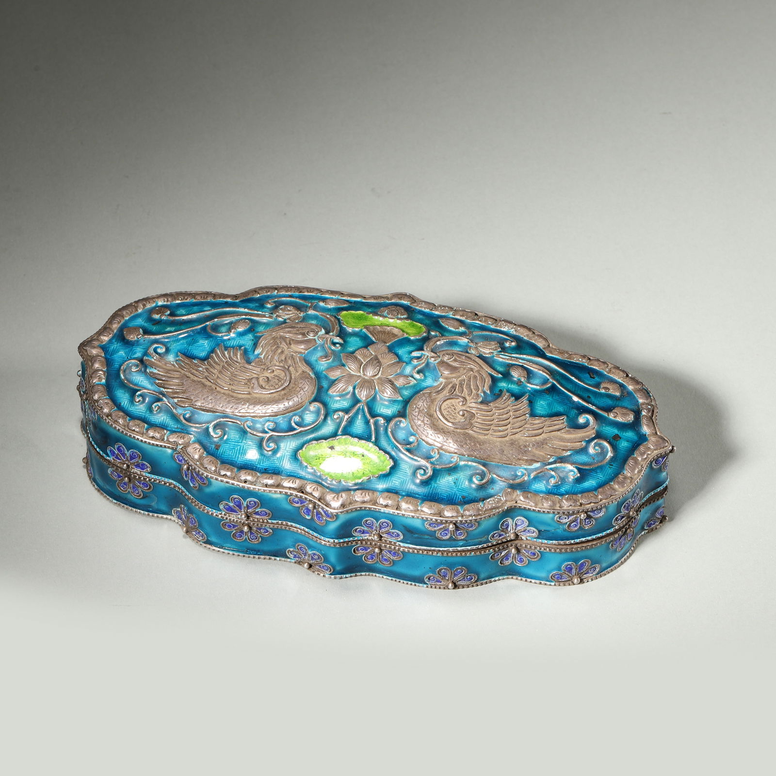 Late qing dynasty, silver enamel box with silver mandarin duck inlay (1 of 6)