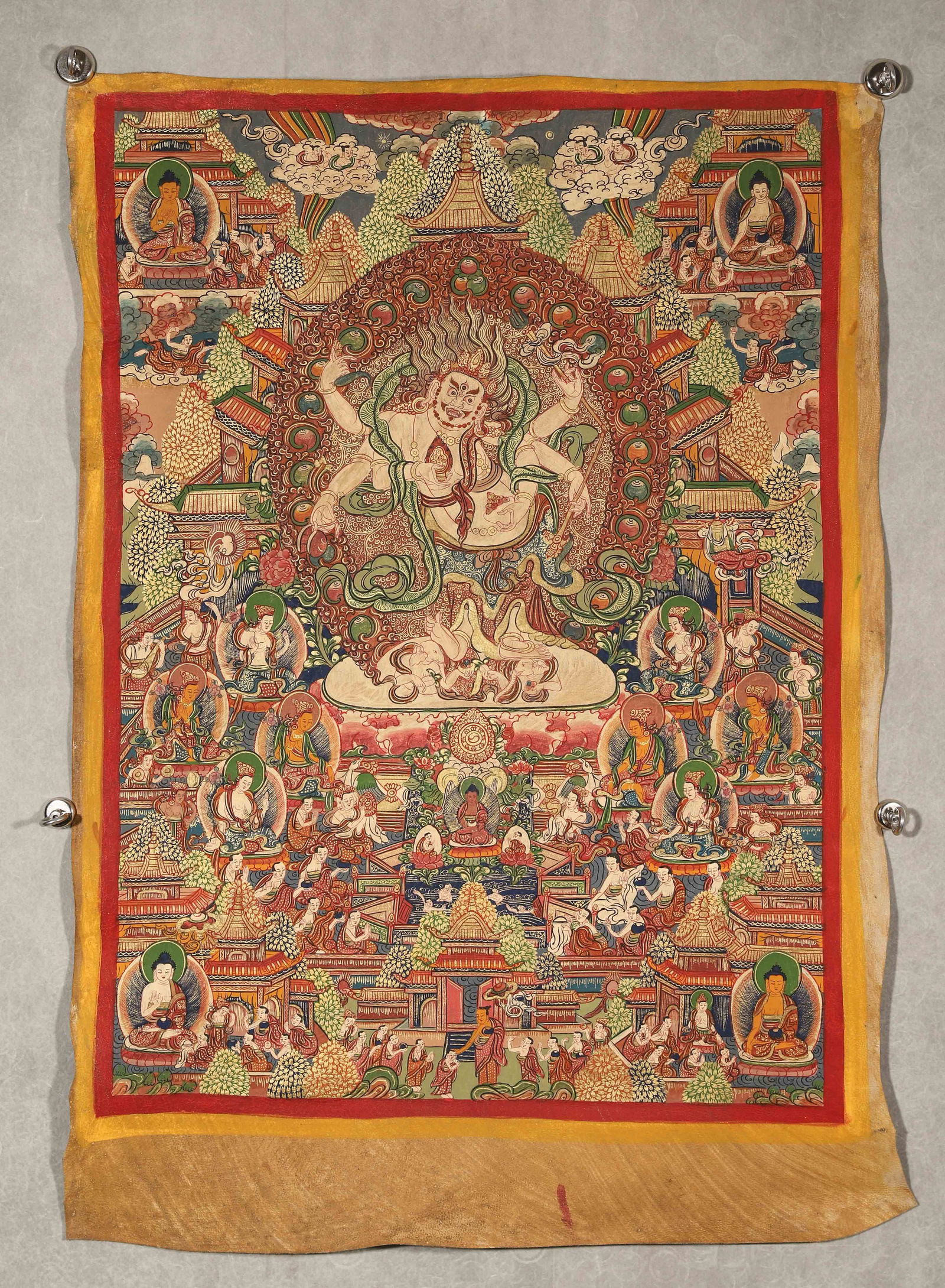 Mid-qing dynasty, cowhide-based mineral pigment thangka of pehar guardian: life story (1 of 10)