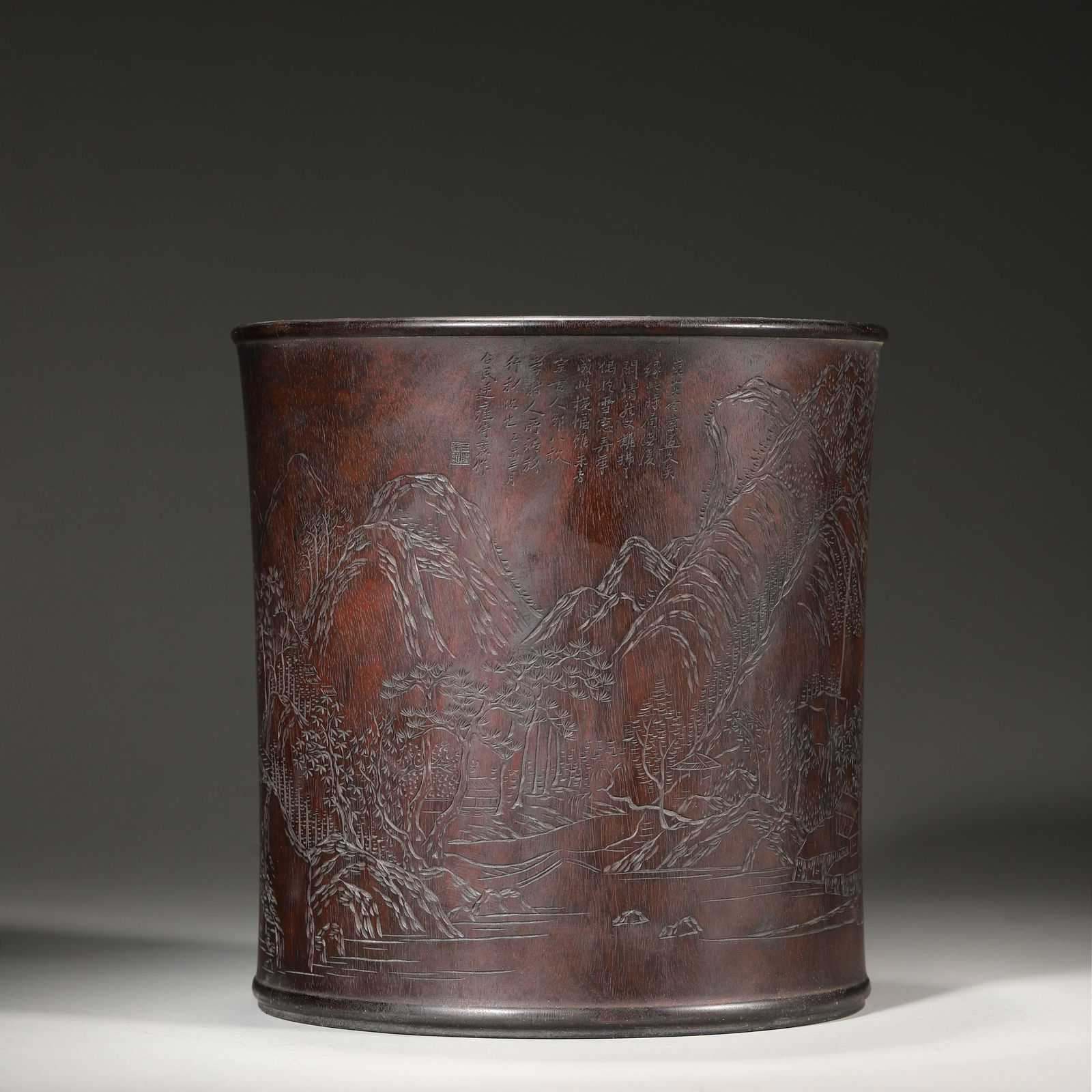 Mid-qing dynasty zitan wood brush pot with landscape and poem carving (1 of 6)