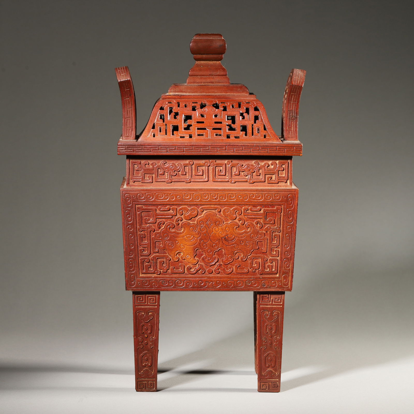 Qing dynasty, qianlong period, bamboo filigree (reed) carved square censer with kui dragon motifs (1 of 6)