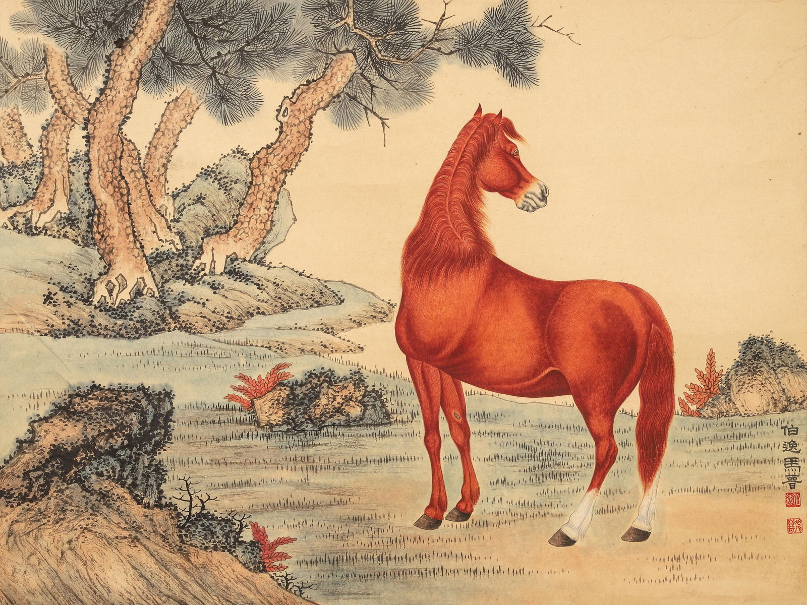 Modern & contemporary · ma jin "steed by pine stream" color hanging scroll (1 of 7)