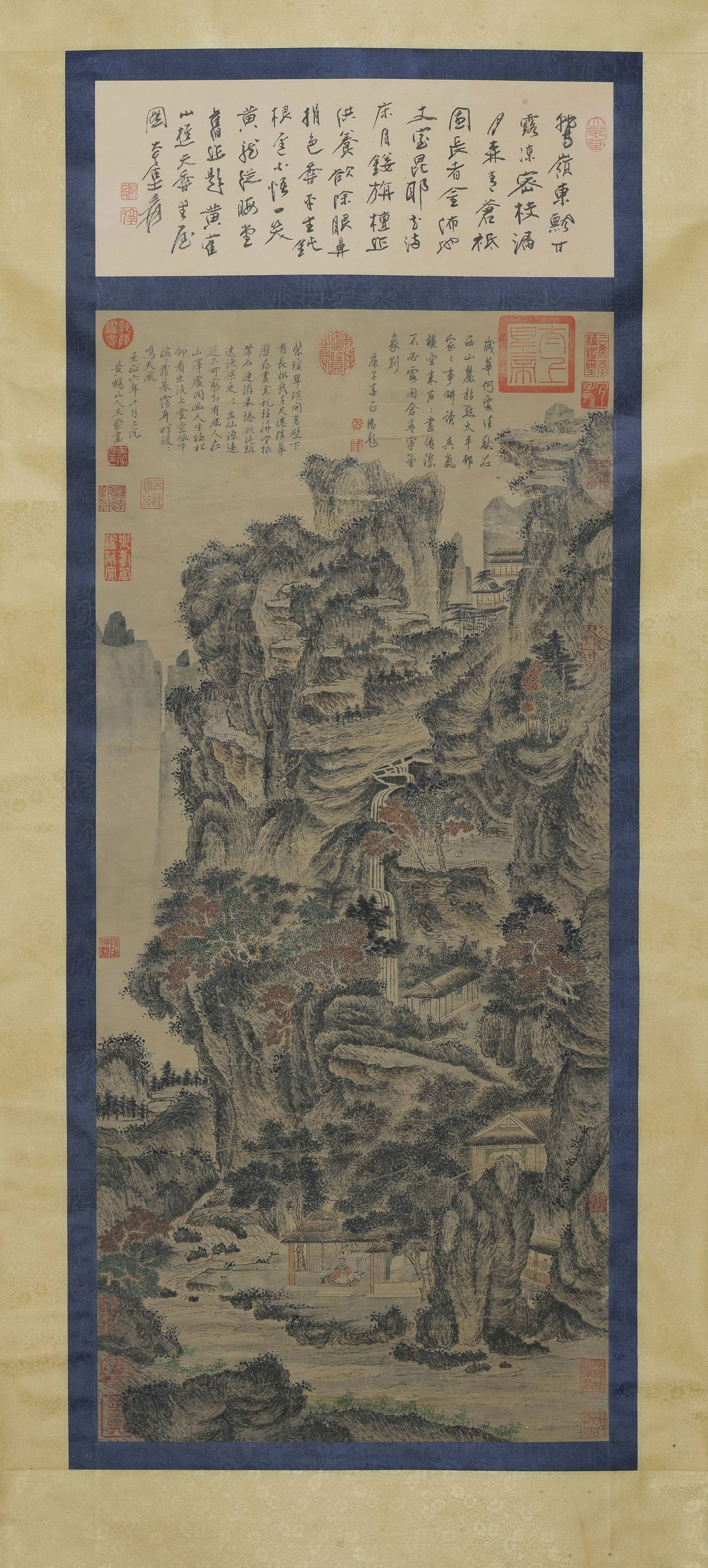 Yuan dynasty, wang meng, autumn mountains and riverside dwelling, hanging scroll on silk (1 of 9)