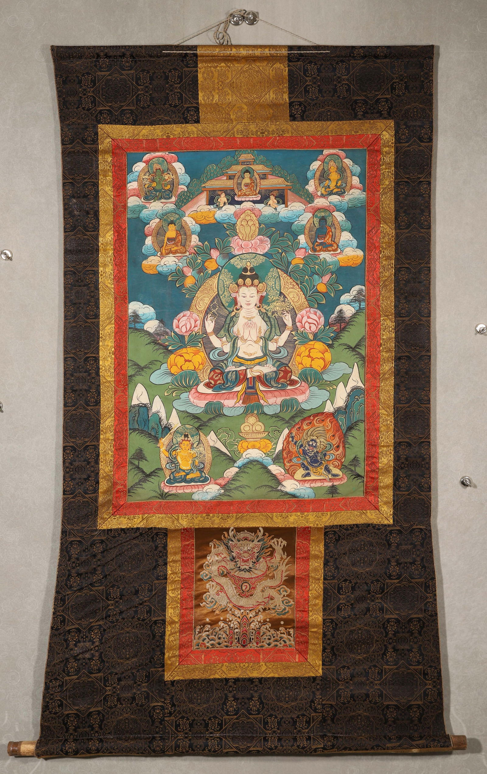 Mid-qing dynasty, mineral pigment thangka of four-armed avalokite?vara (1 of 12)