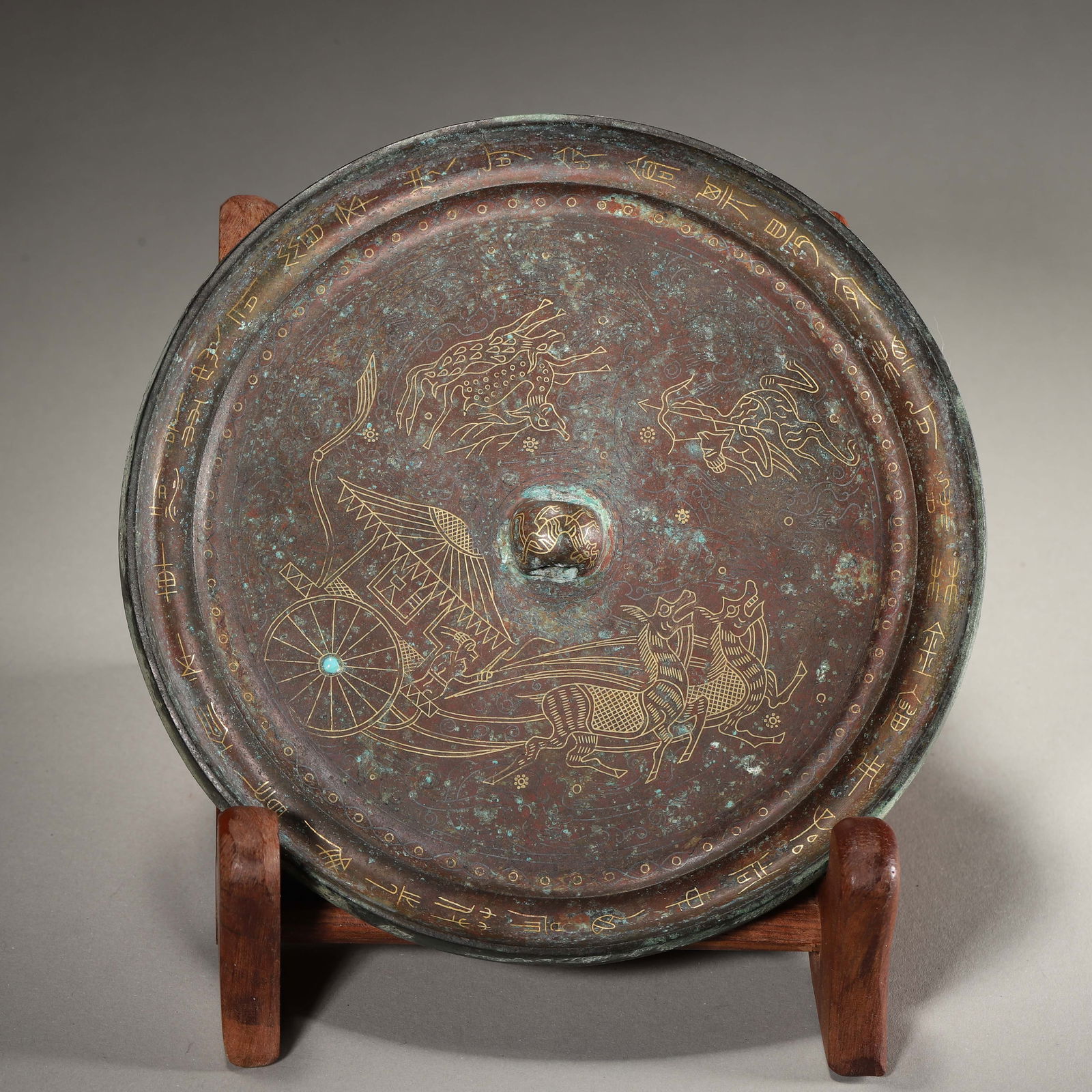 Han dynasty, gilt-bronze mirror with chariot & horse motif (1 of 9)