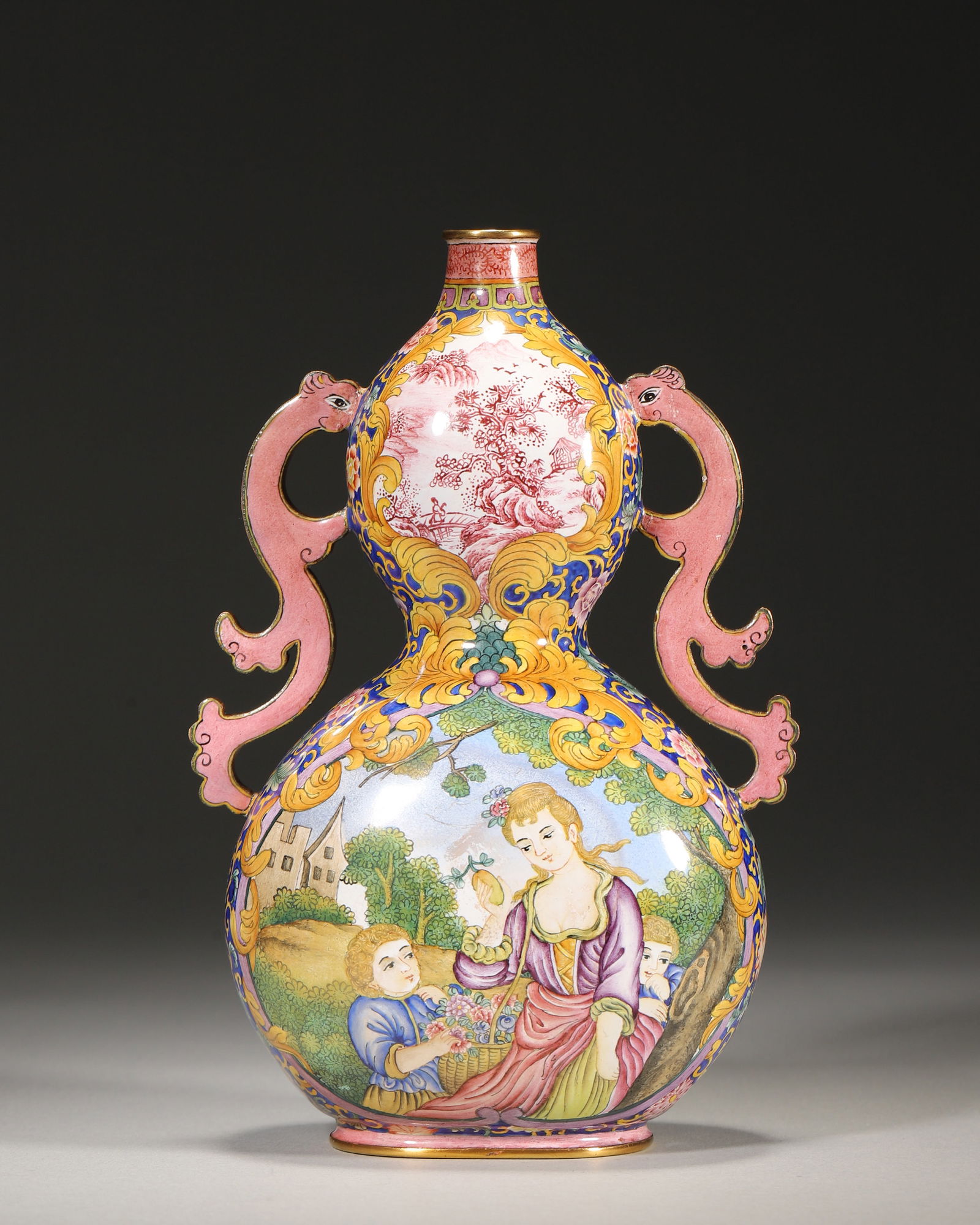 Qing qianlong period, copper enamel gourd vase with western figures & dragon handles (1 of 10)