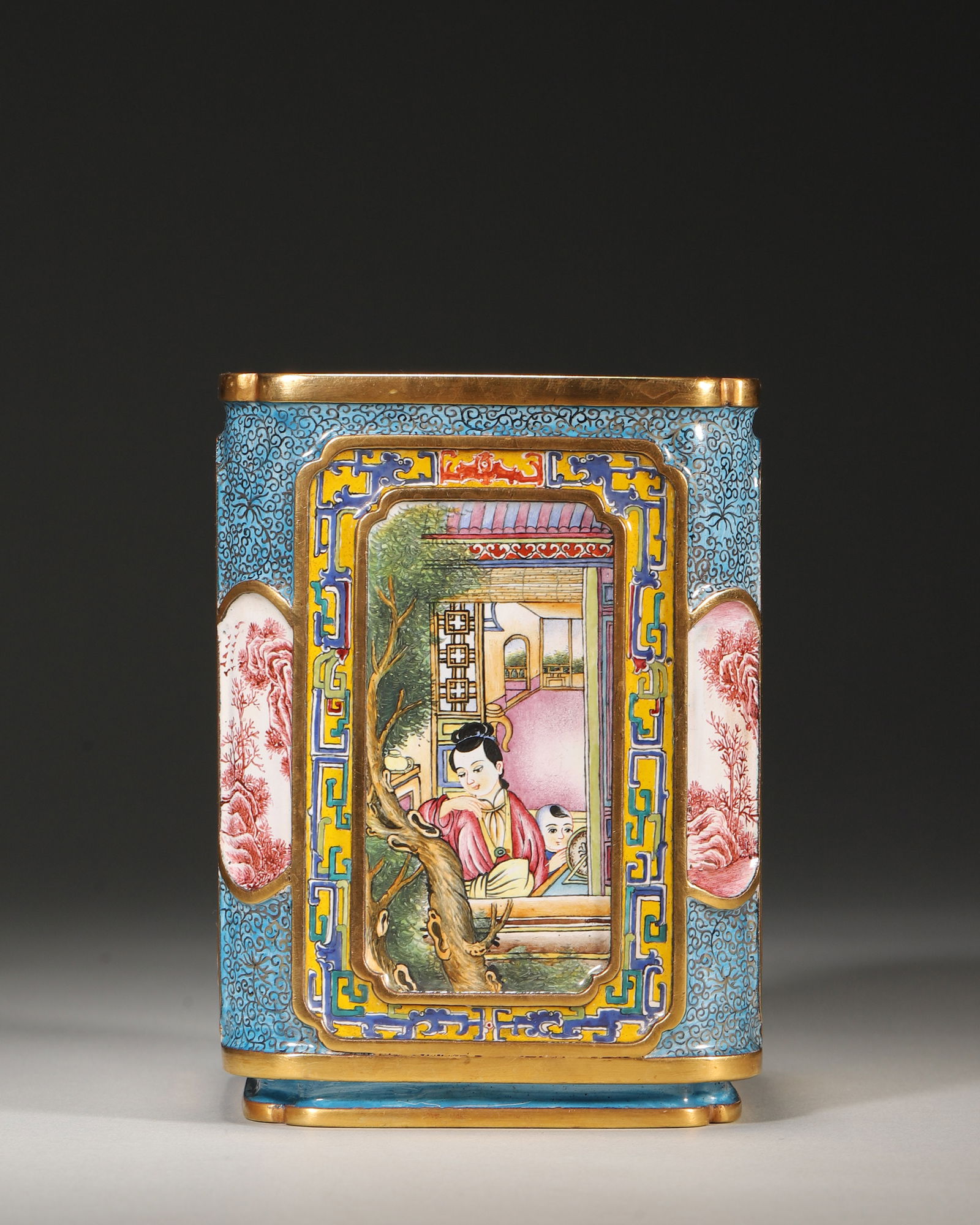 Qing qianlong period, copper enamel brush pot with figural medallions (1 of 8)