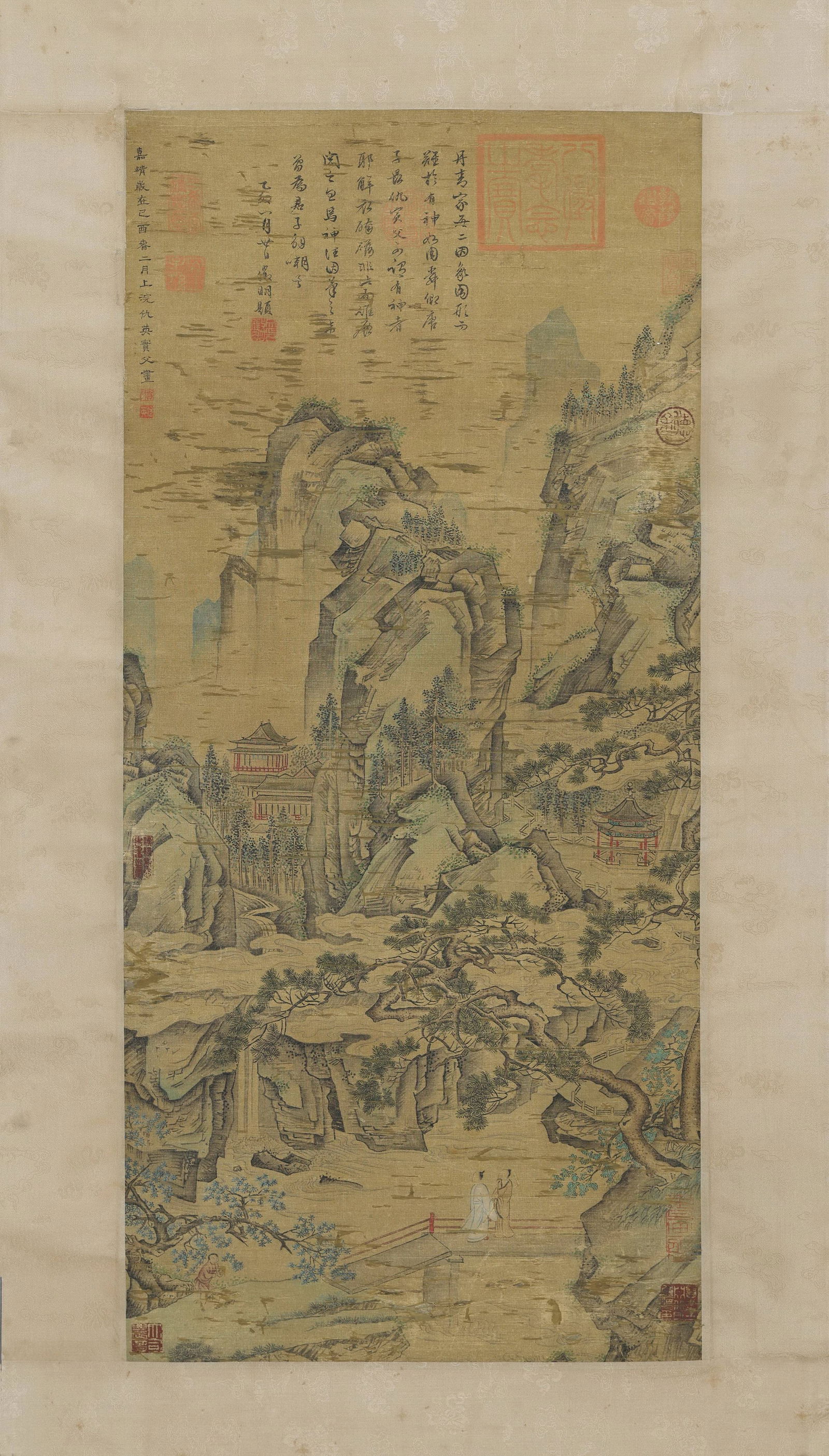 Ming dynasty (jiajing period), qiu ying, spring mountains with balustrade, hanging scroll on silk (1 of 9)