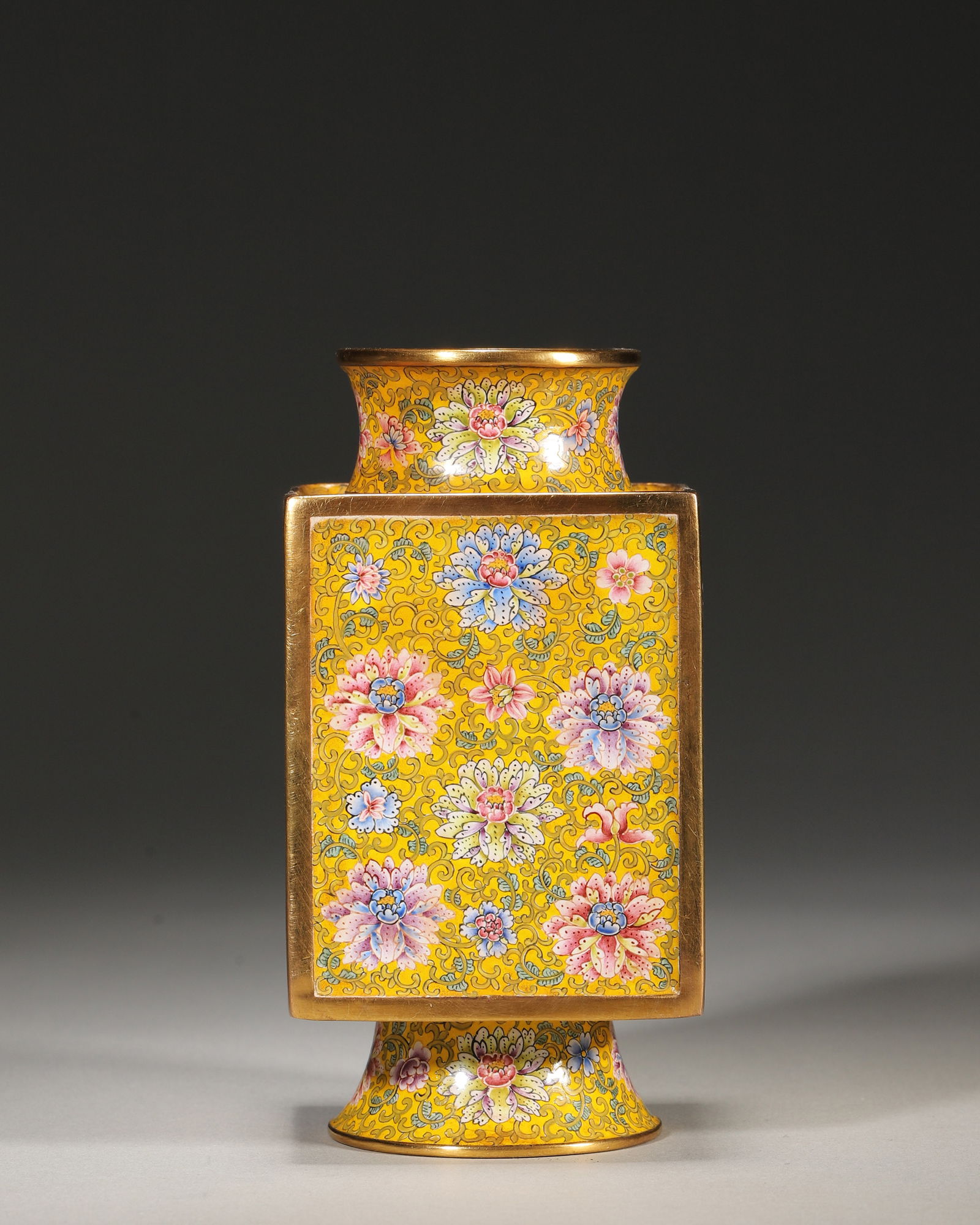 Qing qianlong period, copper enamel yellow-ground square vase with interlocking floral motif (1 of 9)