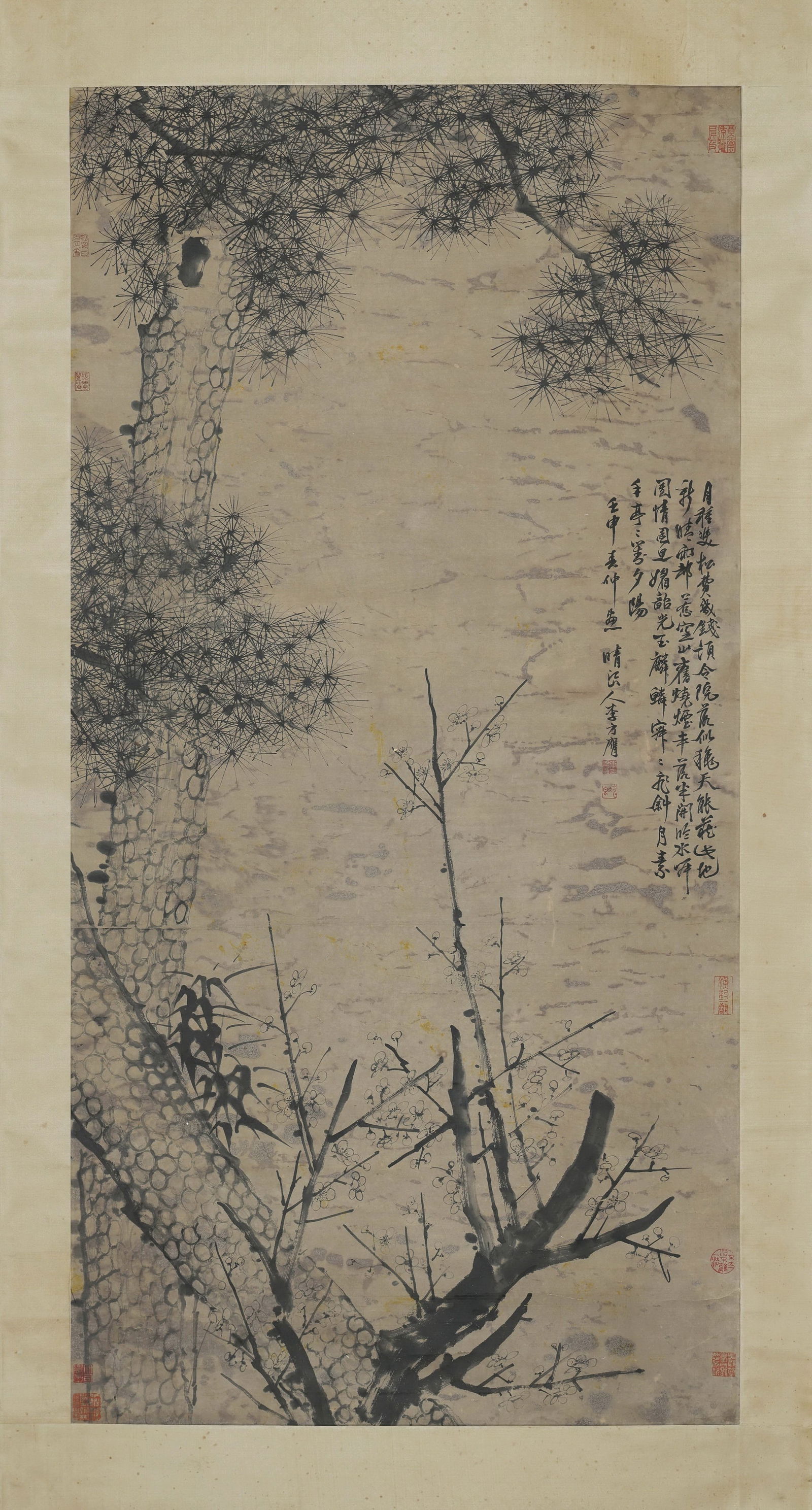 Qing dynasty (qianlong period), li fangying, plum blossom and pine needles in cold winter, hanging (1 of 9)