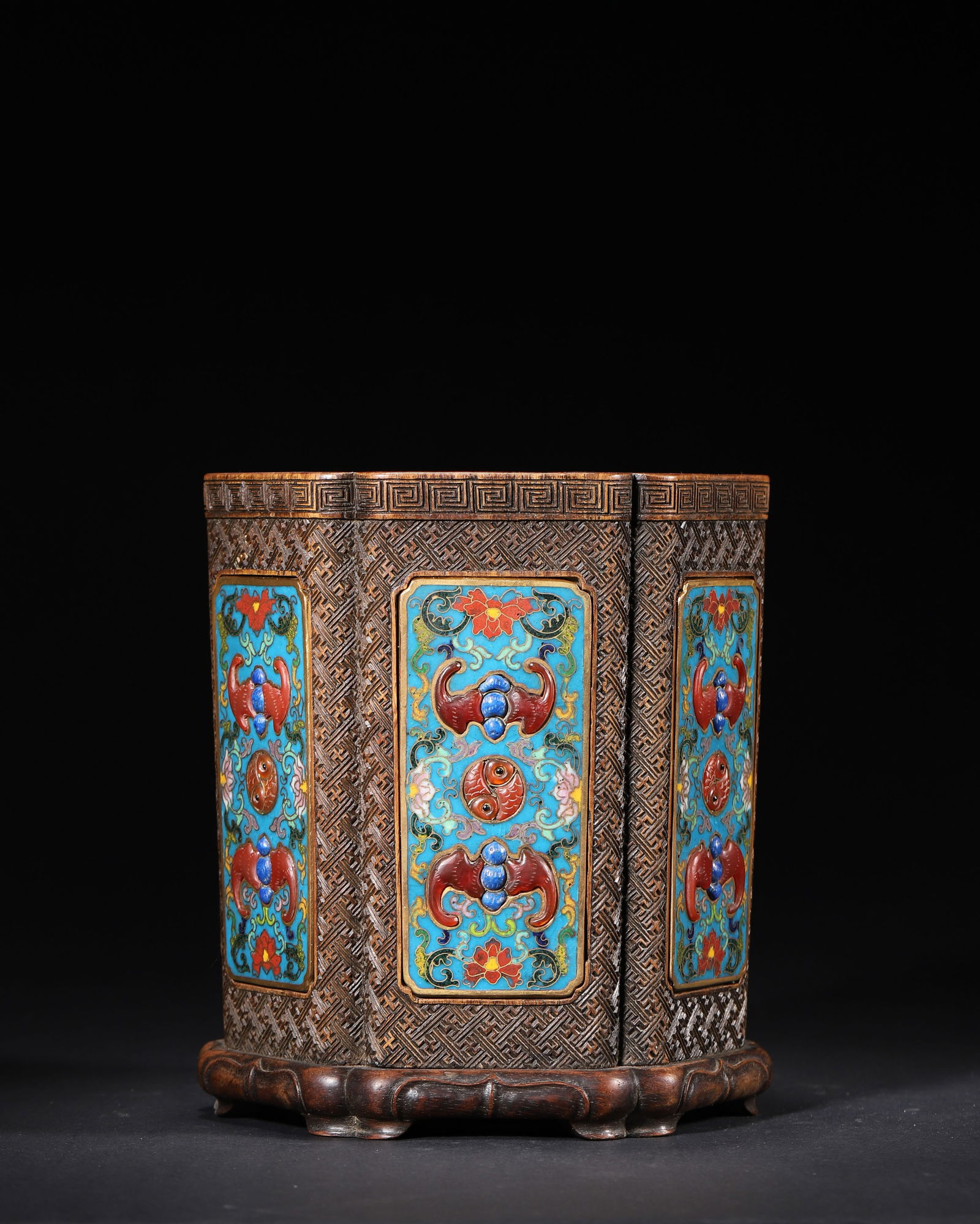 Qing dynasty (qianlong period), a hongmu wood brush pot with cloisonné and hardstone inlay (1 of 7)