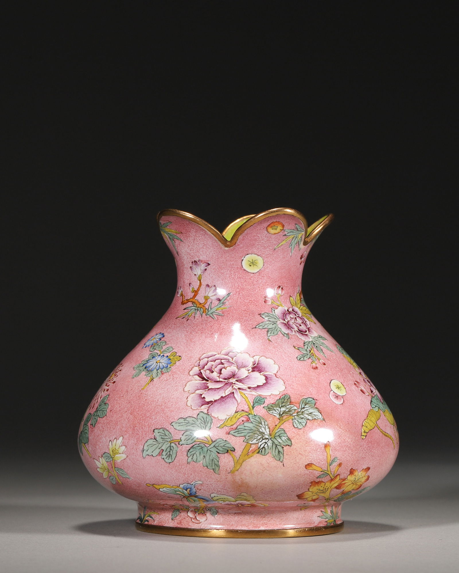 Qing qianlong period, copper enamel rouge-ground vase with floral & butterfly motif (lotus mouth) (1 of 10)
