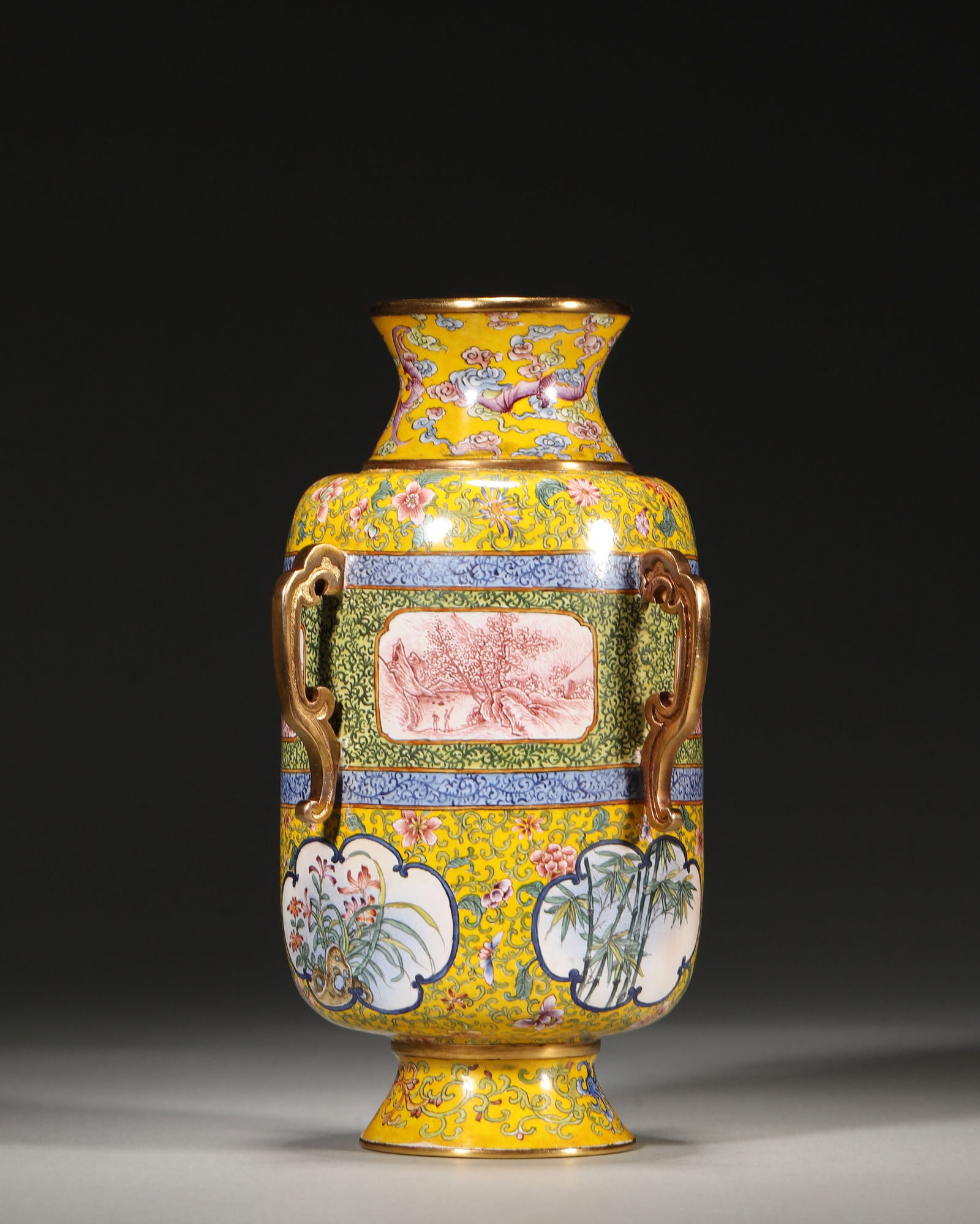Qing qianlong period, copper enamel yellow-ground vase with medallions & four handles (1 of 9)