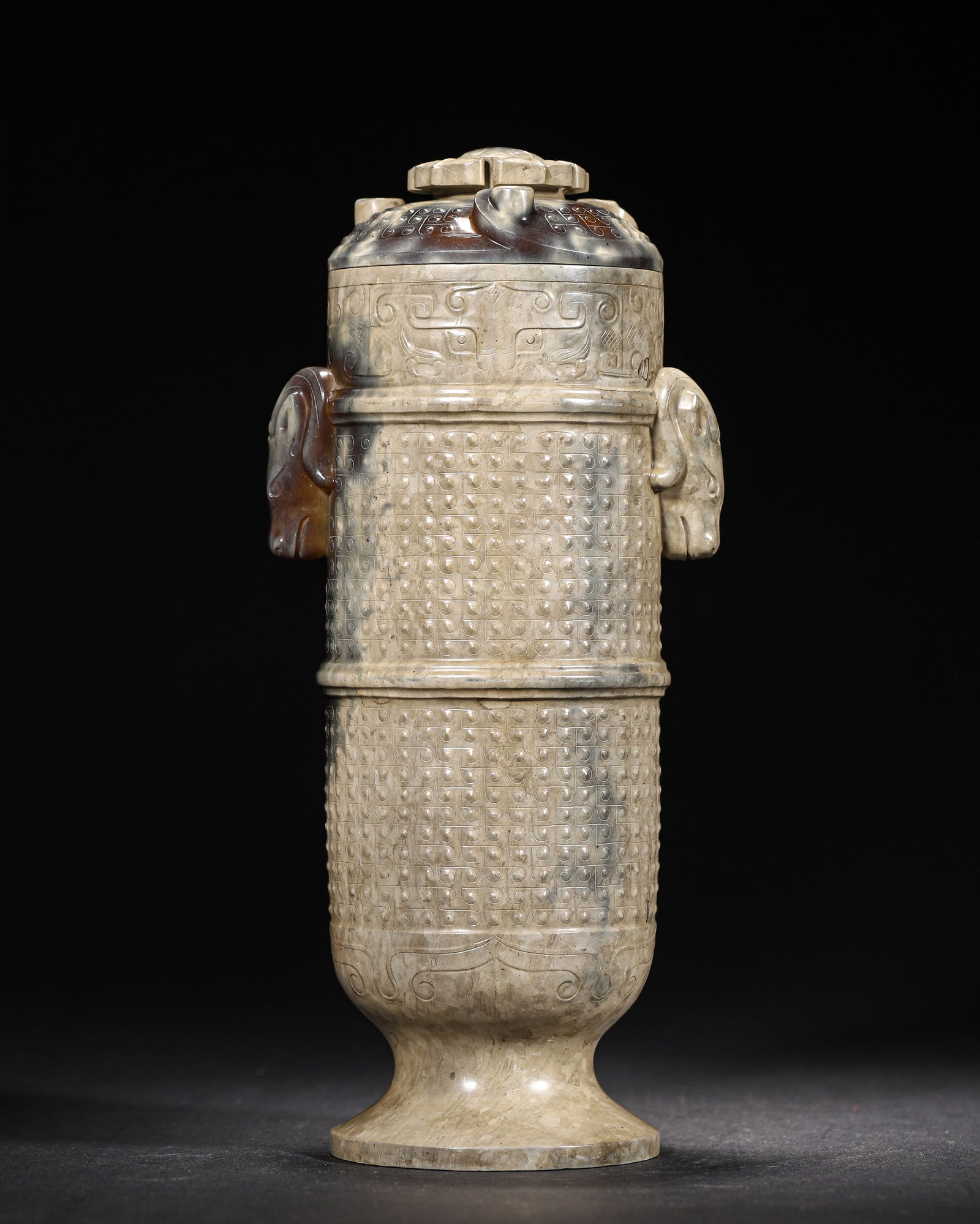 Han dynasty archaic jade covered zun with patinated ram-head motifs (1 of 9)