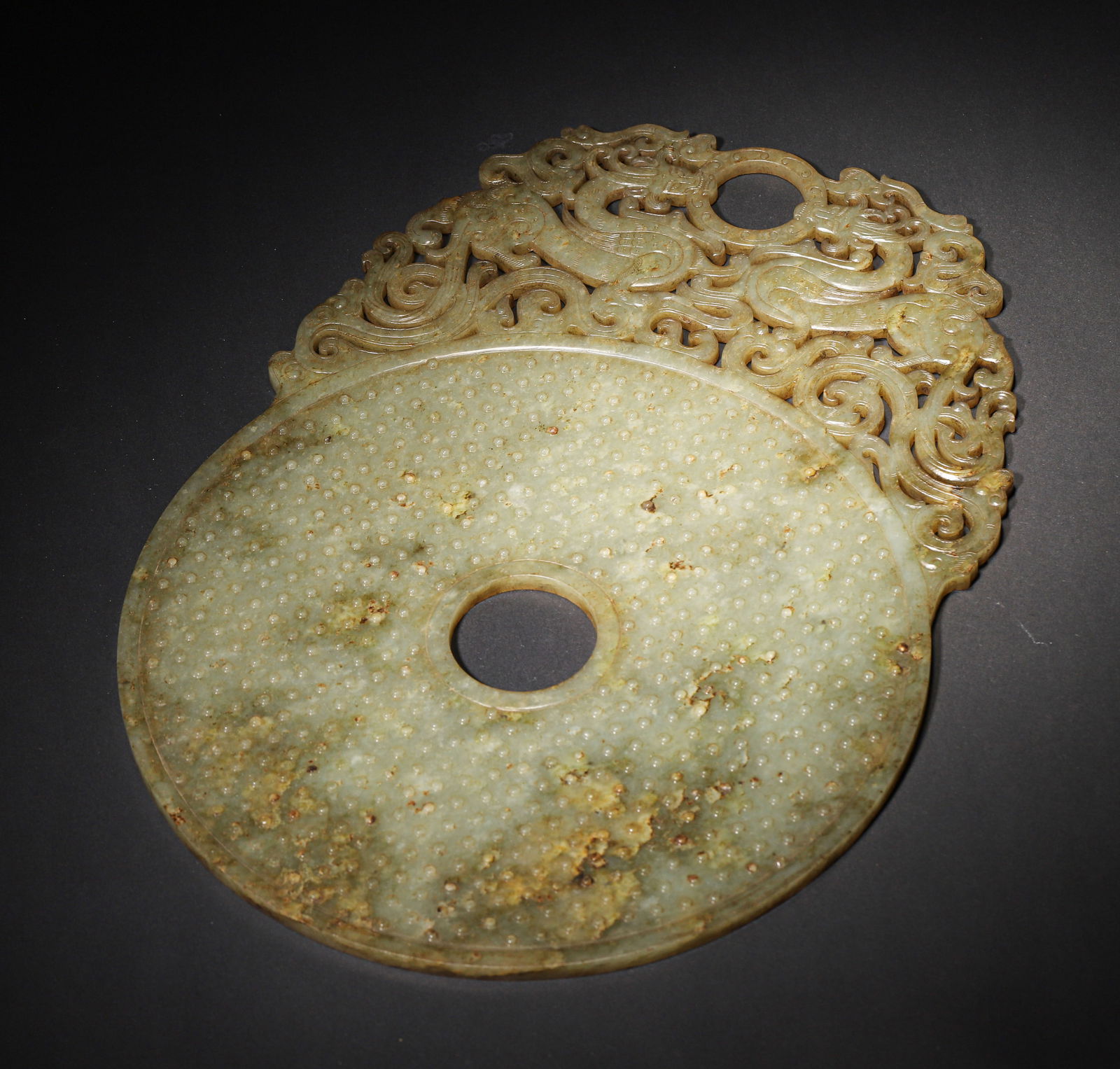 Han dynasty jade bi with grain & openwork chi-dragon motifs (1 of 9)