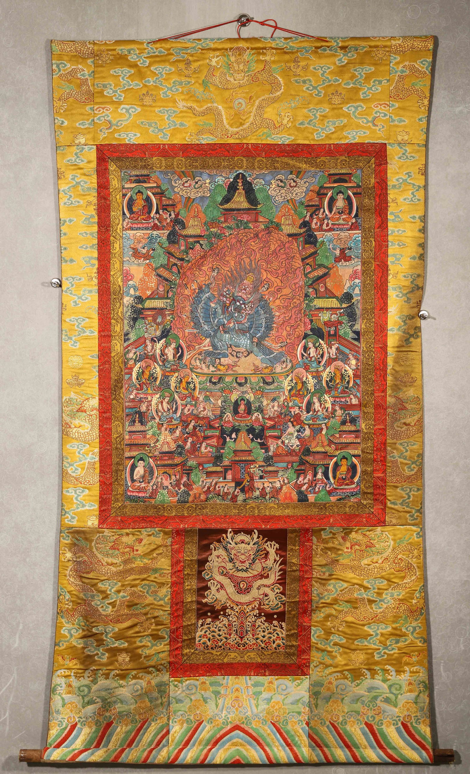 Mid-qing dynasty, cowhide-based mineral pigment thangka of yama dharmaraja: life story (1 of 11)