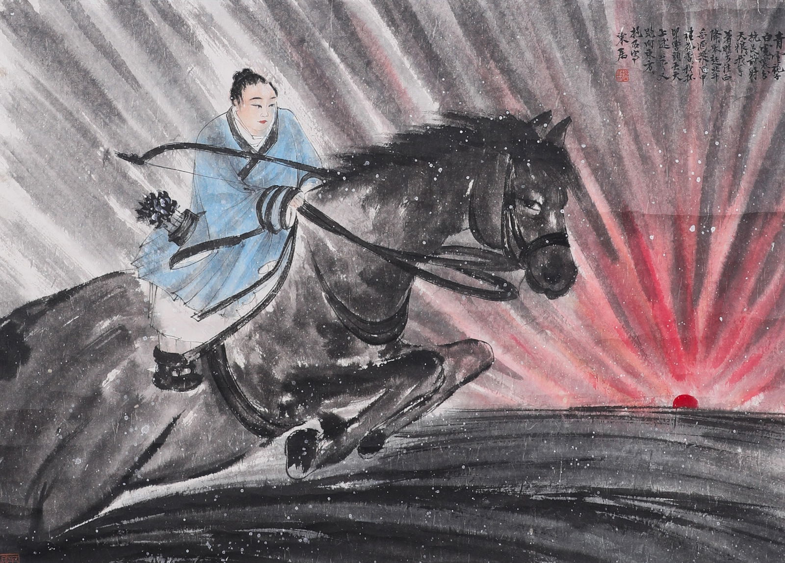 A PORTRAIT SCROLL BY FU BAOSHI: H:93cmW:68cm This is a "Hunting Picture" by the modern painter Fu Baoshi, which is a typical work of his featuring historical figures. Fu Baoshi painted horses with the "loose brush technique", featur