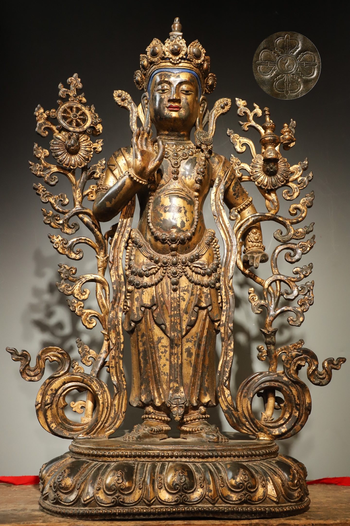 A GILDED BRONZE STANDING STATUE OF MAITREYA BODHISATTVA FROM THE MING DYNASTY: H:90cmL:58cmW:32cm Weight:31500g This is a gilded bronze standing statue of Guanyin Bodhisattva from the Ming Dynasty, a classic work of Buddhist statues in the imperial style of the Ming Dynasty.?