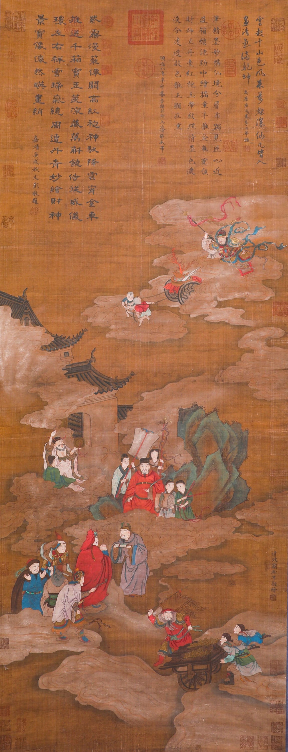 A FINE VERTICAL SCROLL ON SILK BY LIU SONGNIAN OF THE SOUTHERN SONG DYNASTY: H:172cmW:66cm This painting is not only a work of art, but also reflects the pursuit of wealth and folk beliefs in the Song Dynasty society. The elements in the painting, such as "pushing a cart to de