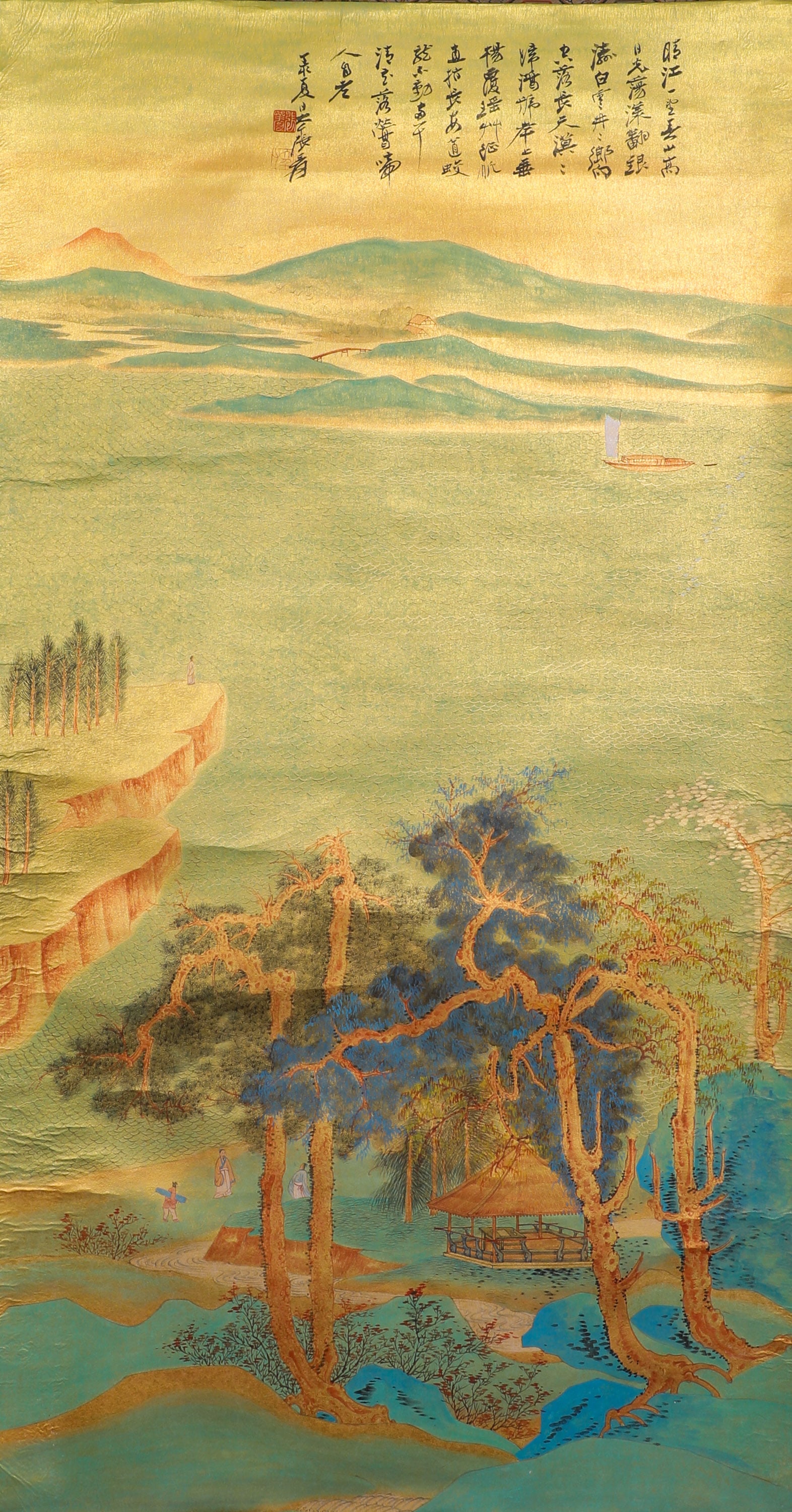 ZHANG DAQIAN, A THOUSAND MILES OF RIVERS AND MOUNTAINS, A FINE VERTICAL SCROLL: H:142cmW:76cm This is a landscape painting with gold and green paper by Zhang Daqian, which is a typical representative of his "splashed ink and color" style in his later years.
