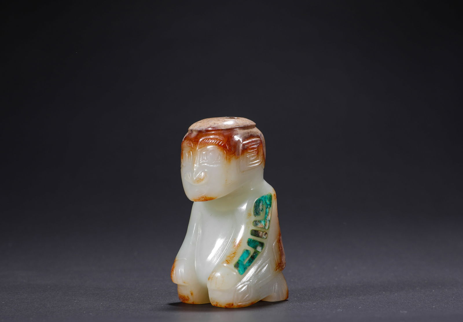 HETIAN JADE INLAID WITH TURQUOISE FROM THE SHANG DYNASTY: H:5.8cmW:2.5cmWeight:100g