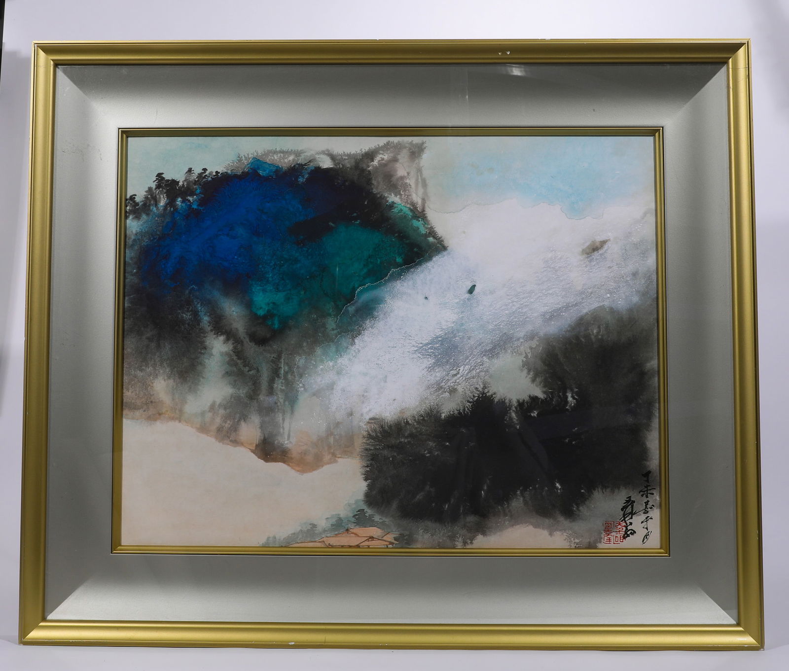 ZHANG DAQIAN'S SPLASHED-COLOR FRAME: H:44cmW:60cm H:68cmW:80cm This is a splashed color landscape painting by Zhang Daqian in his later years, which is a representative style of his integration of traditional landscape painting and Weste