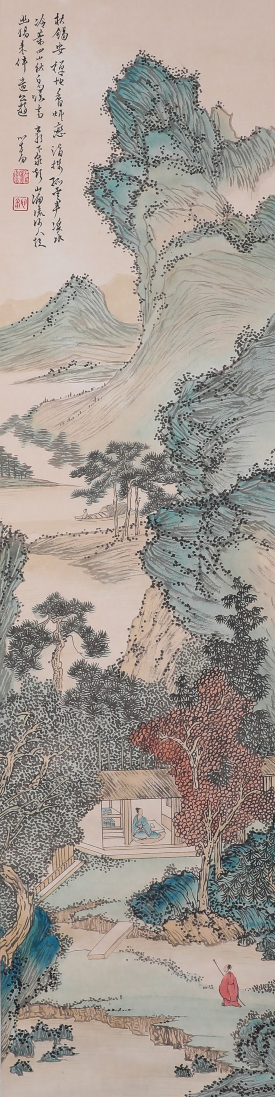 A FINE VERTICAL SCROLL OF LANDSCAPE PAINTING BY PU RU: H:128cmW:32cm