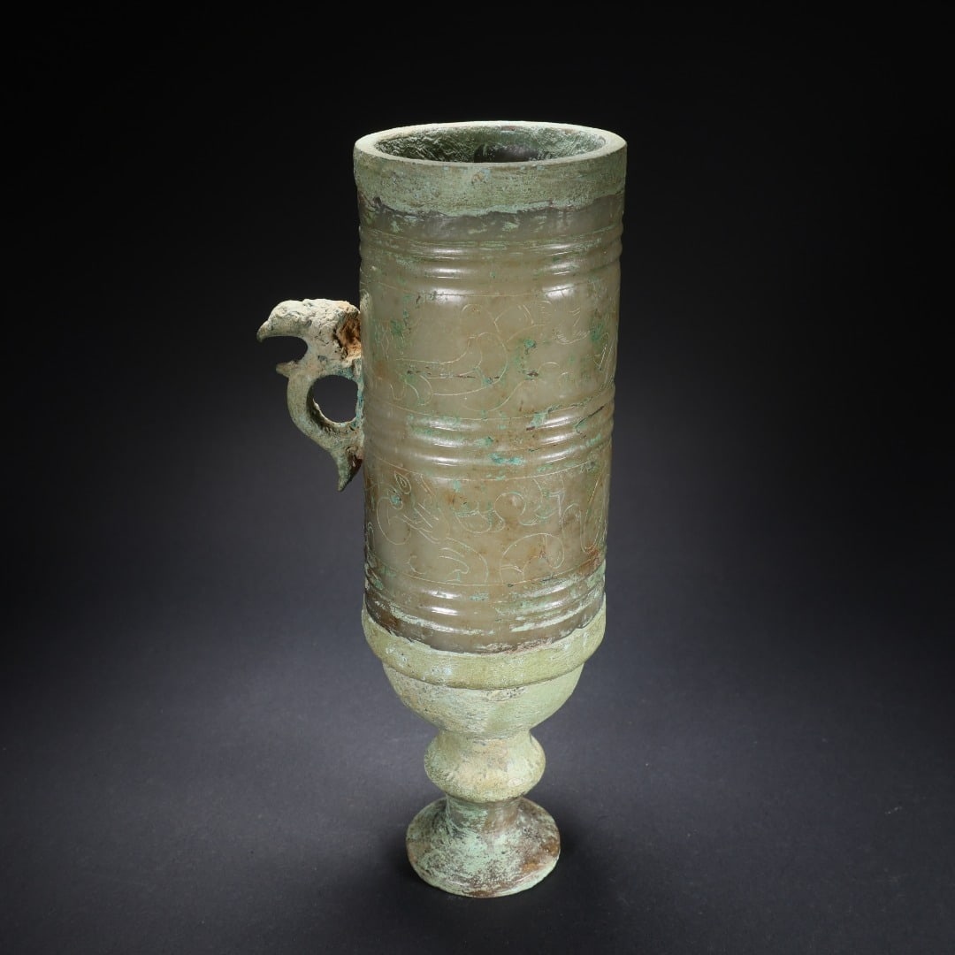 HAN DYNASTY, HETIAN JADE INLAID WITH COPPER PHOENIX CUPS (1 of 9)