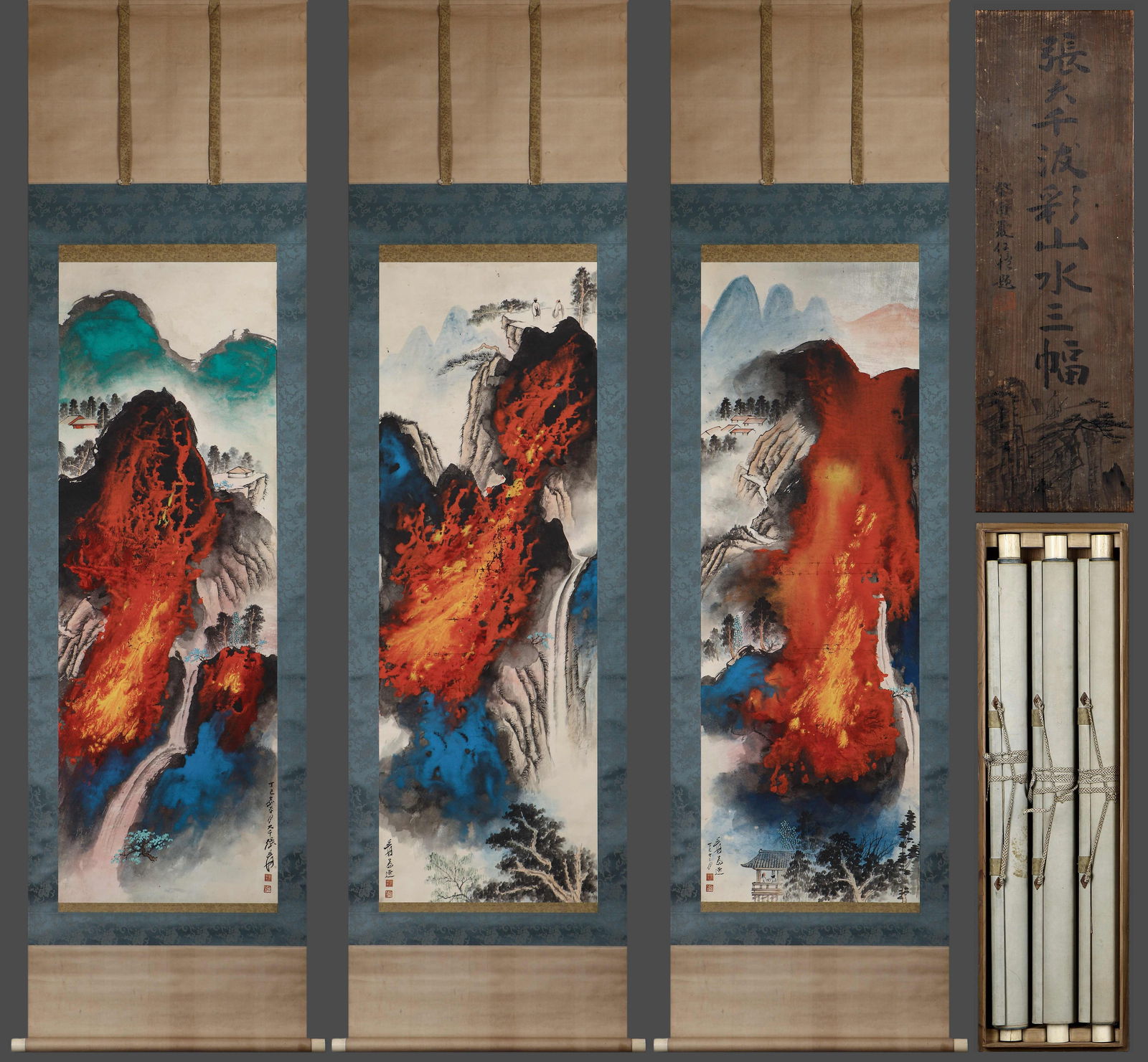 ZHANG DAQIAN'S CLOUD ILLUSION ARTISTIC CONCEPTION DRAWING BOOK VERTICAL SCROLL THREE SCREENS: 35cmX103cmX3 This set of works represents Zhang Daqian's breakthrough in traditional landscape painting. He integrated Chinese and Western techniques and created a new style of "splashed color landsca