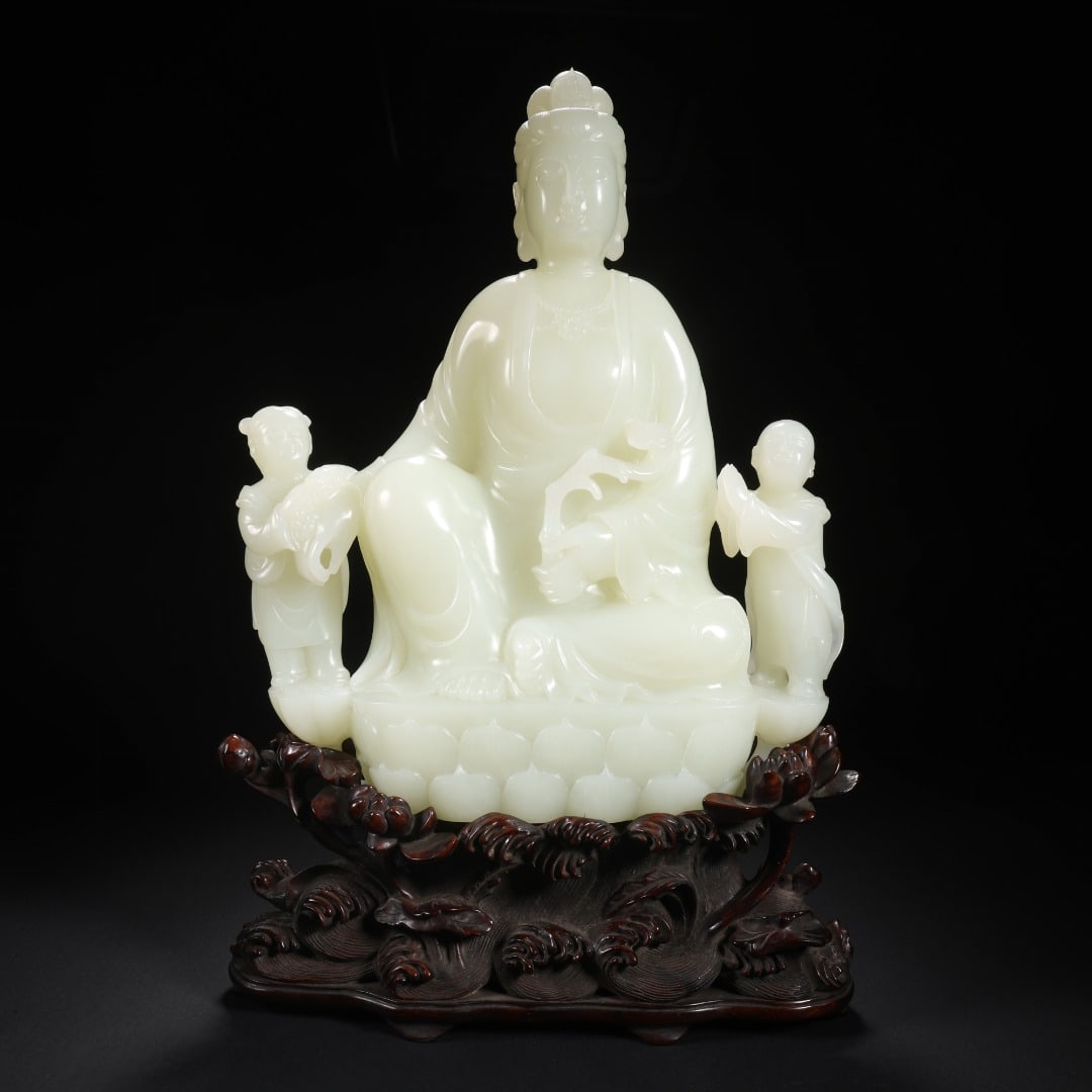HAN DYNASTY, HETIAN JADE BOY WORSHIPPING GUANYIN: L:18cm W:4.5cm H:22.5cm Weight:1792g