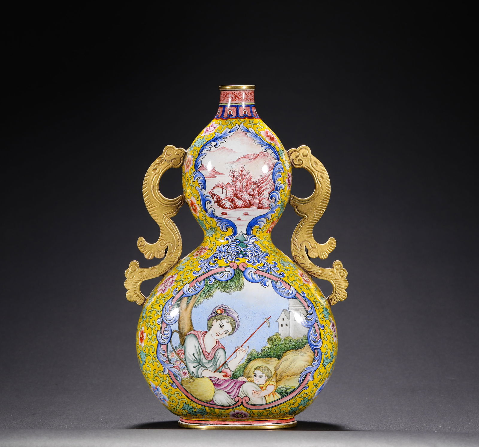 QING DYNASTY QIANLONG COPPER ENAMEL COLORED GOURD APPRECIATION VASE: H:16cmW:10.5cmWeight:390g