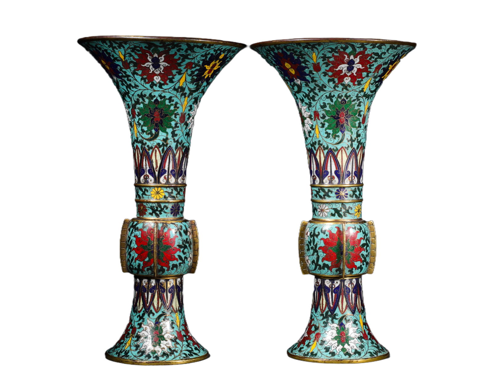 MING DYNASTY COPPER JINGTAI BLUE GEMSTONE PATTERN ? PAIR: H:34cmW:18.5cmWeight:3820g