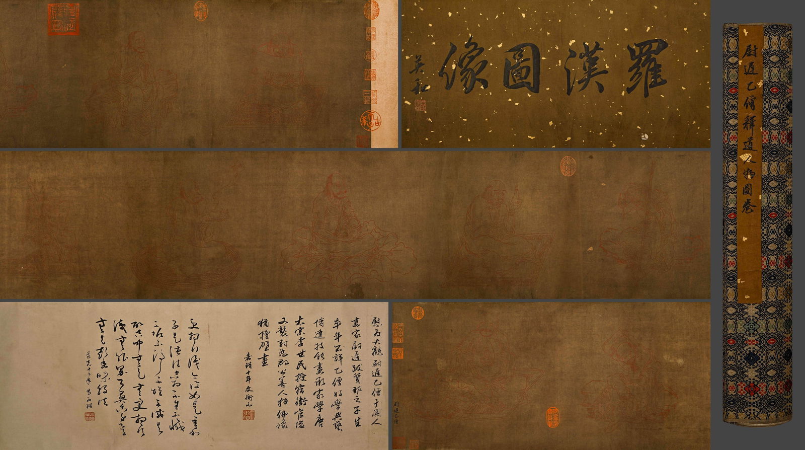 ANCIENT CHINESE YUCHI YISENG ARHAT PAINTING SCROLL: 32cmX480cm