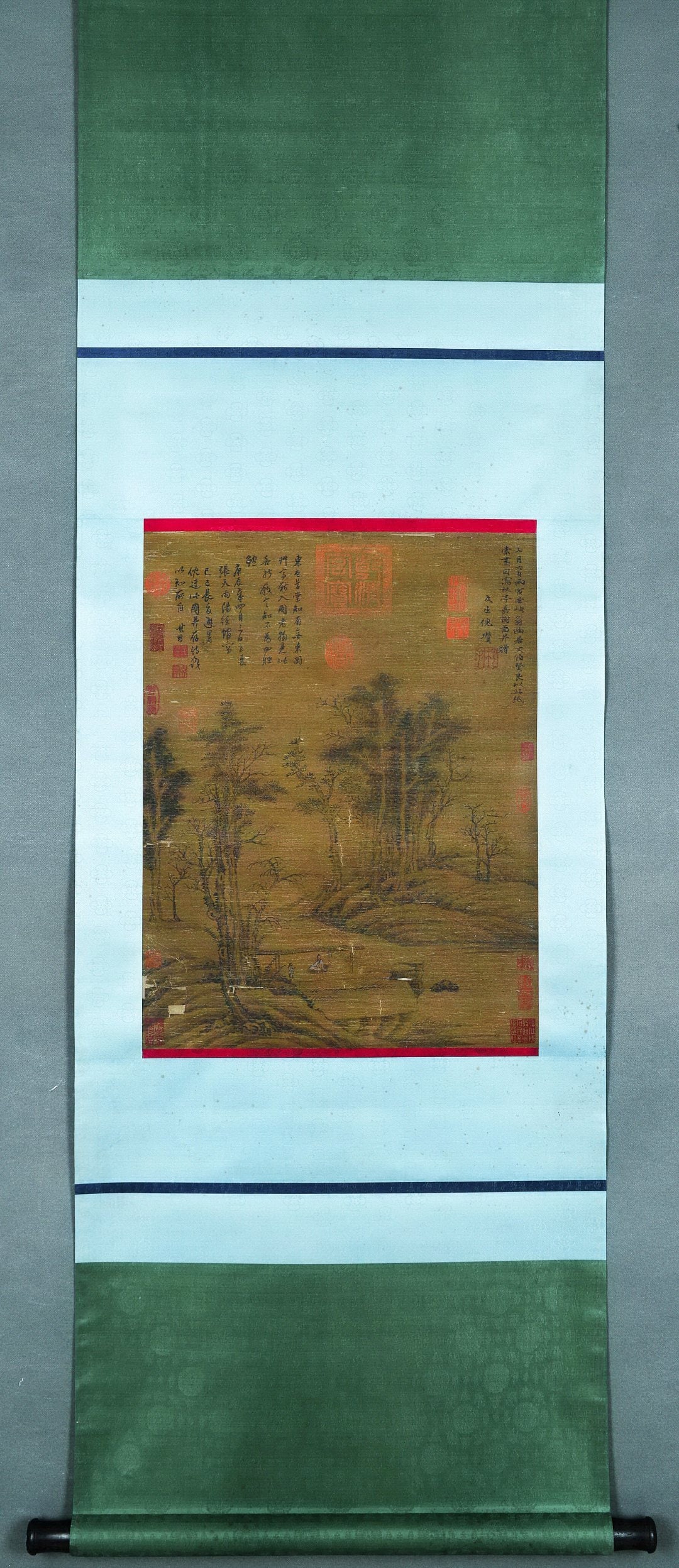 YUAN DYNASTY: NI ZAN - 'AUTUMN PAVILION AND FINE TREES' - HANGING SCROLL, SILK: Heart Size: 22.44" x 17.32" inches (57 cm x 44 cm)Colophons by Dong Qichang, elegantly mounted.
