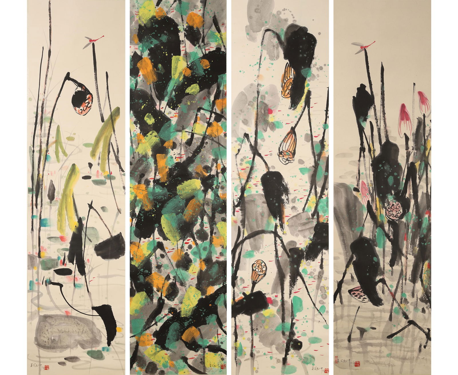 WU GUANZHONG, COLOR INK LOTUS POND, FOUR PANELS, MODERN PERIOD (1 of 17)