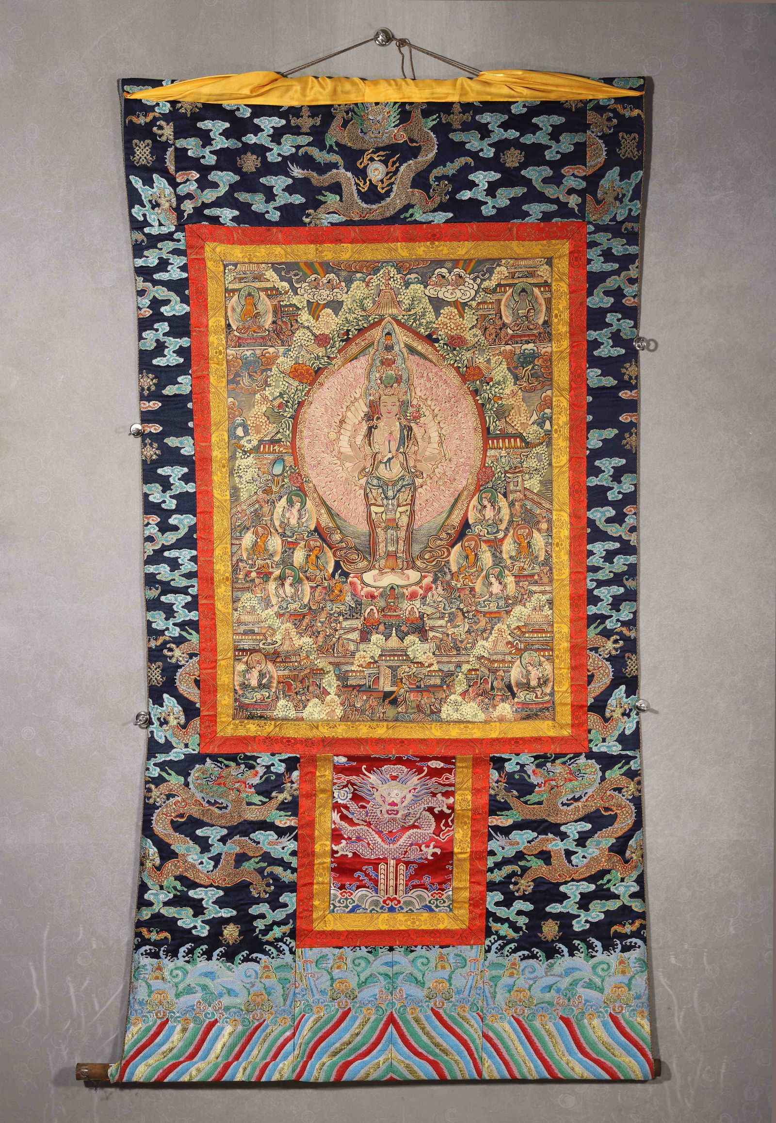 QING DYNASTY, A FINE TIBETAN THANGKA OF THOUSAND-ARMED AVALOKITESHVARA MANDALA, WITH MOUNTING AND (1 of 12)