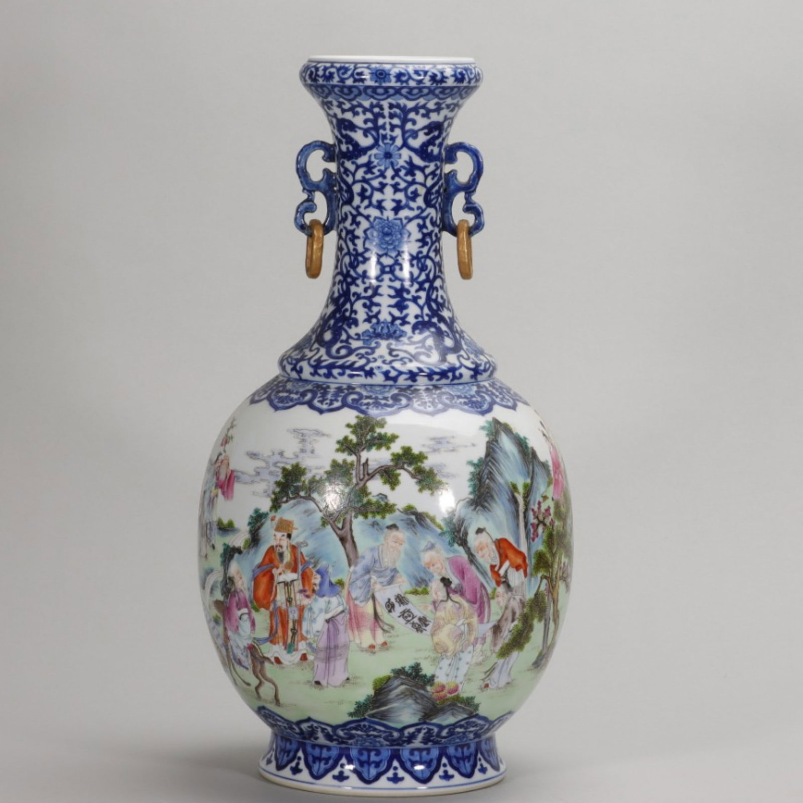 QING DYNASTY QIANLONG PERIOD, BLUE-AND-WHITE AND FAMILLE ROSE DOUBLE-EAR VASE WITH "IMMORTALS (1 of 13)